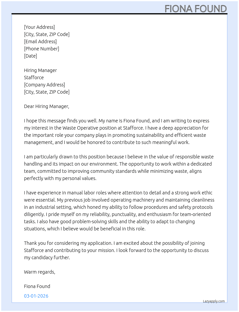 waste operative  At stafforce  Cover Letter