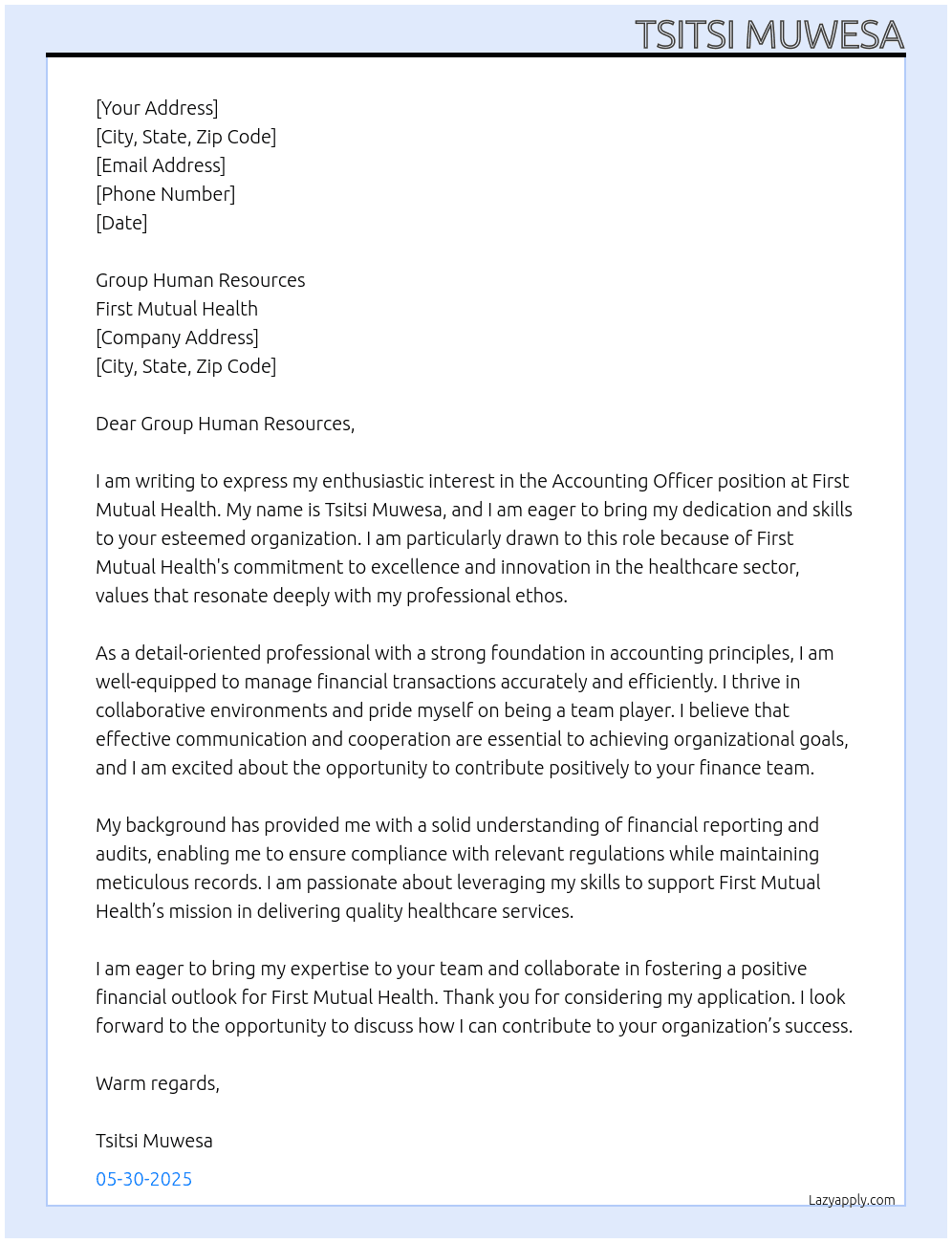 Accounting Officer At First Mutual Health  Cover Letter