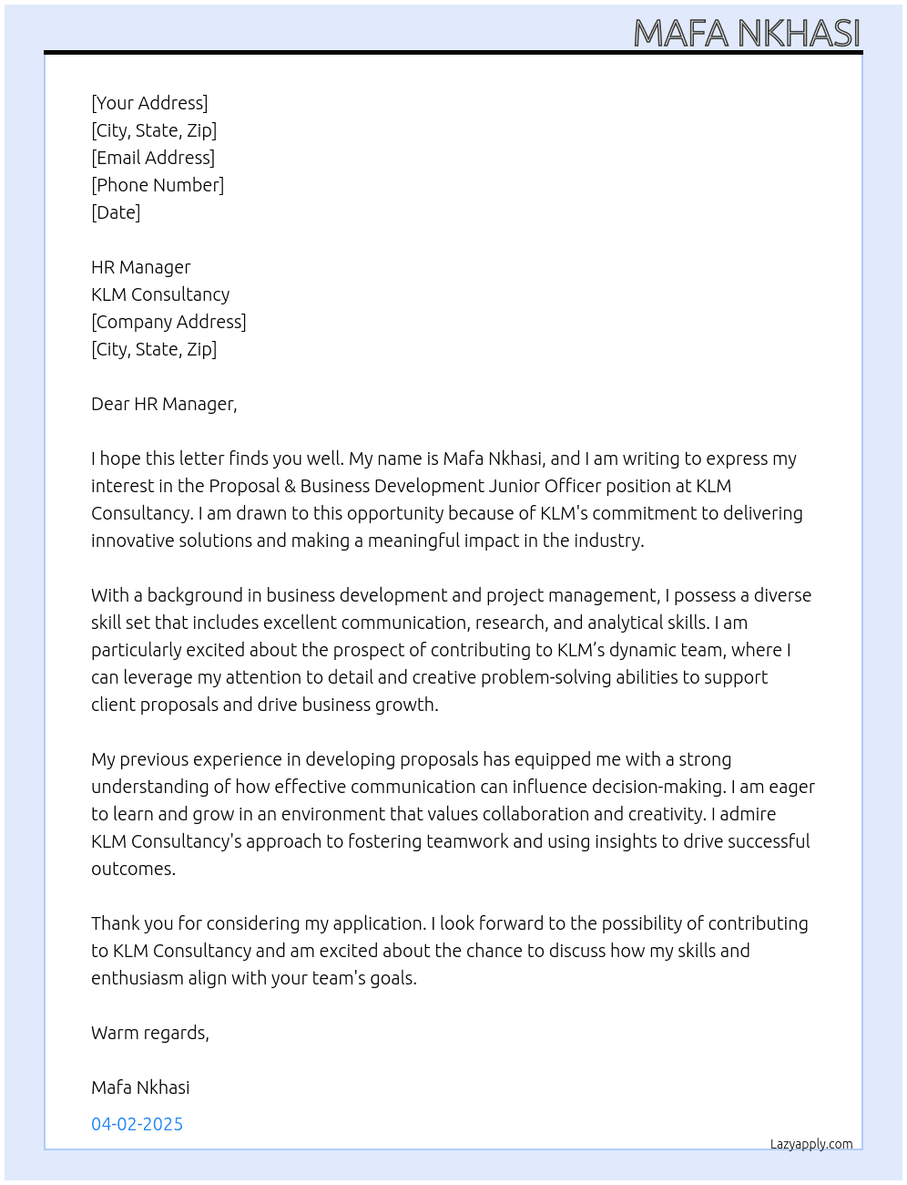 Proposal & Business Development Junior Officer At KLM Consultancy  Cover Letter