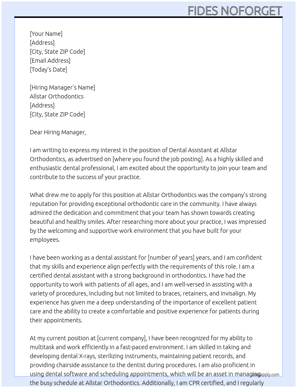 Dental assistant  At Allstar Orthodontics  Cover Letter
