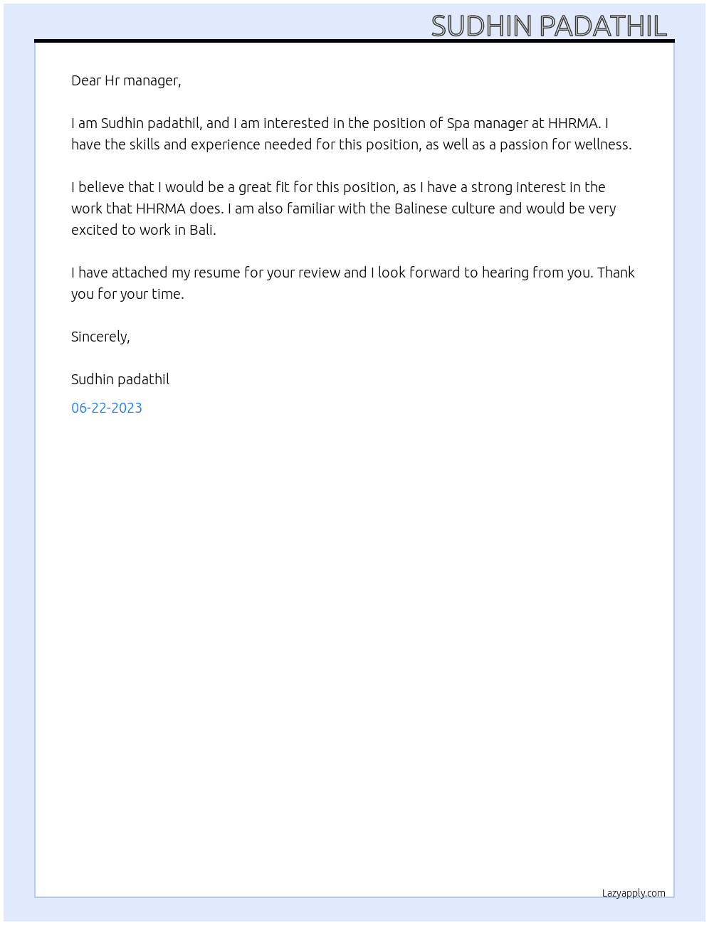 Spa manager  At HHRMA Cover Letter