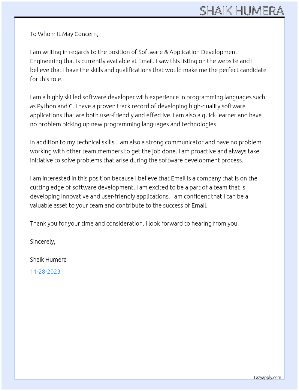 Software &application development engineering At Email Cover Letter