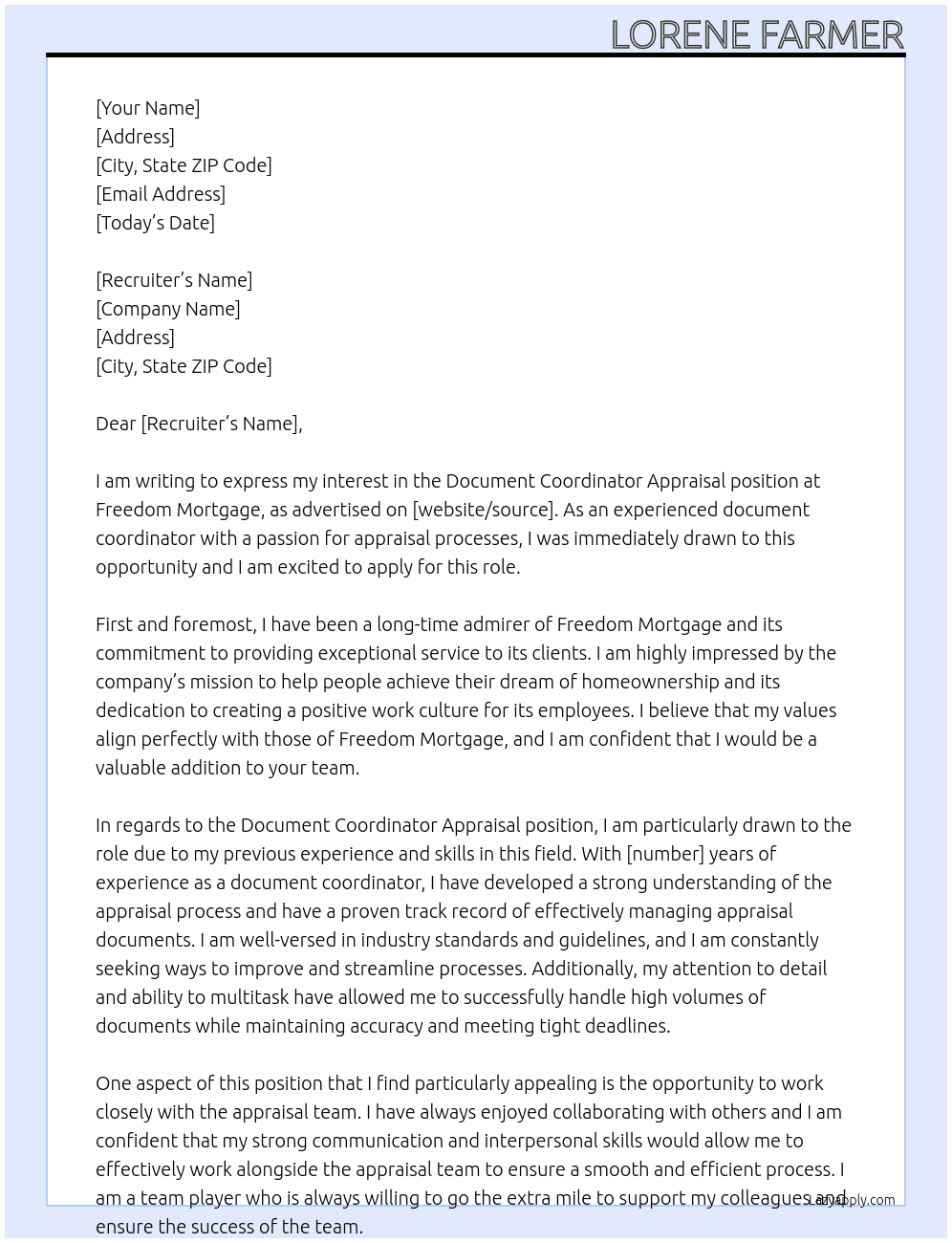 Document Coordinator Appraisal  At Freedom Mortgage Cover Letter