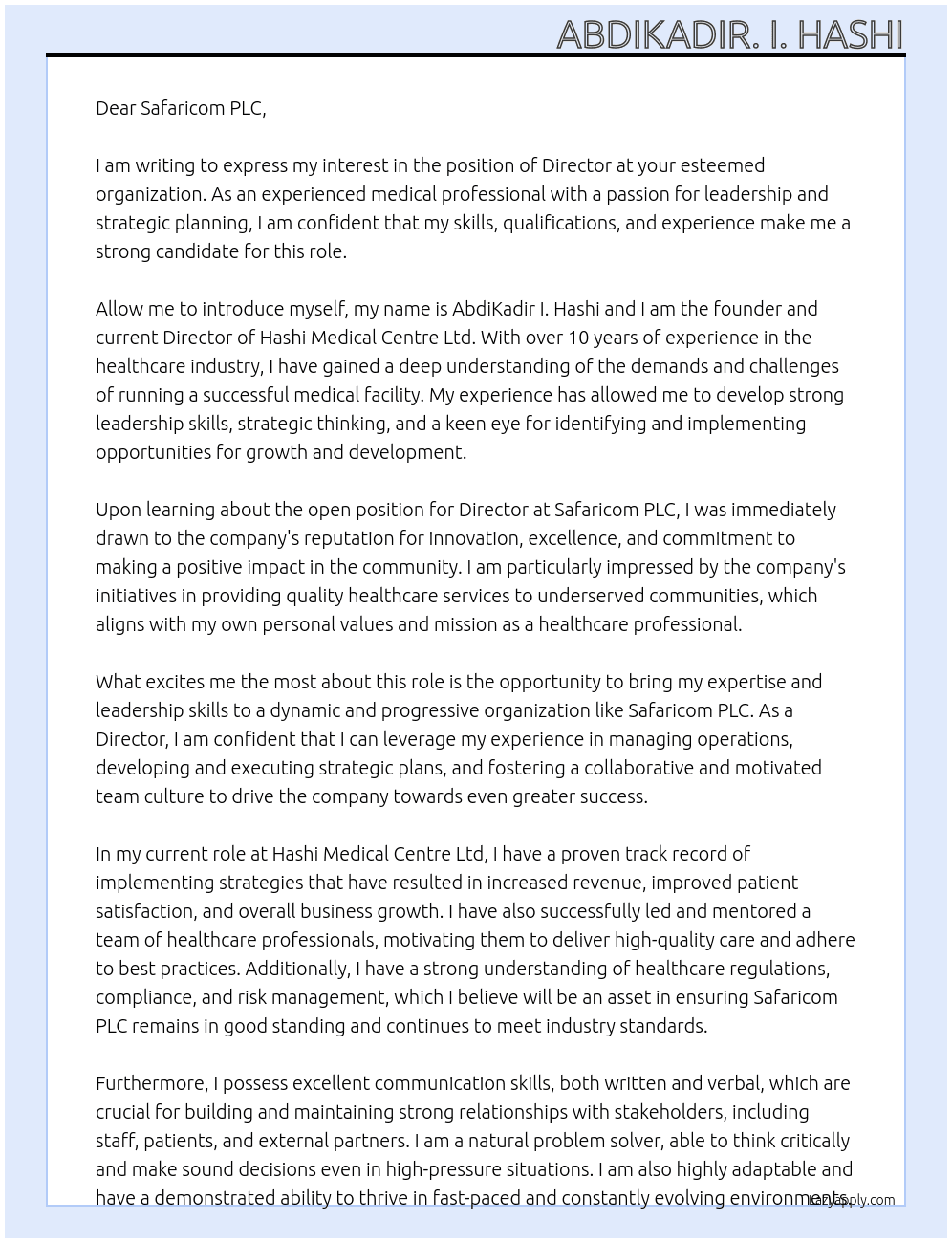 DIRECTOR At HASHI MEDICAL CENTRE LTD Cover Letter