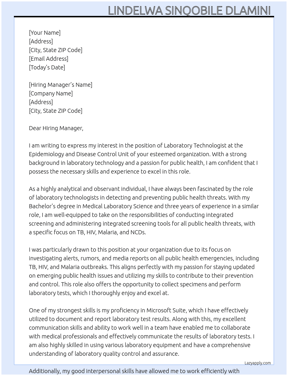 Laboratory Technologists  At Epidemiology and disease control  unit Cover Letter