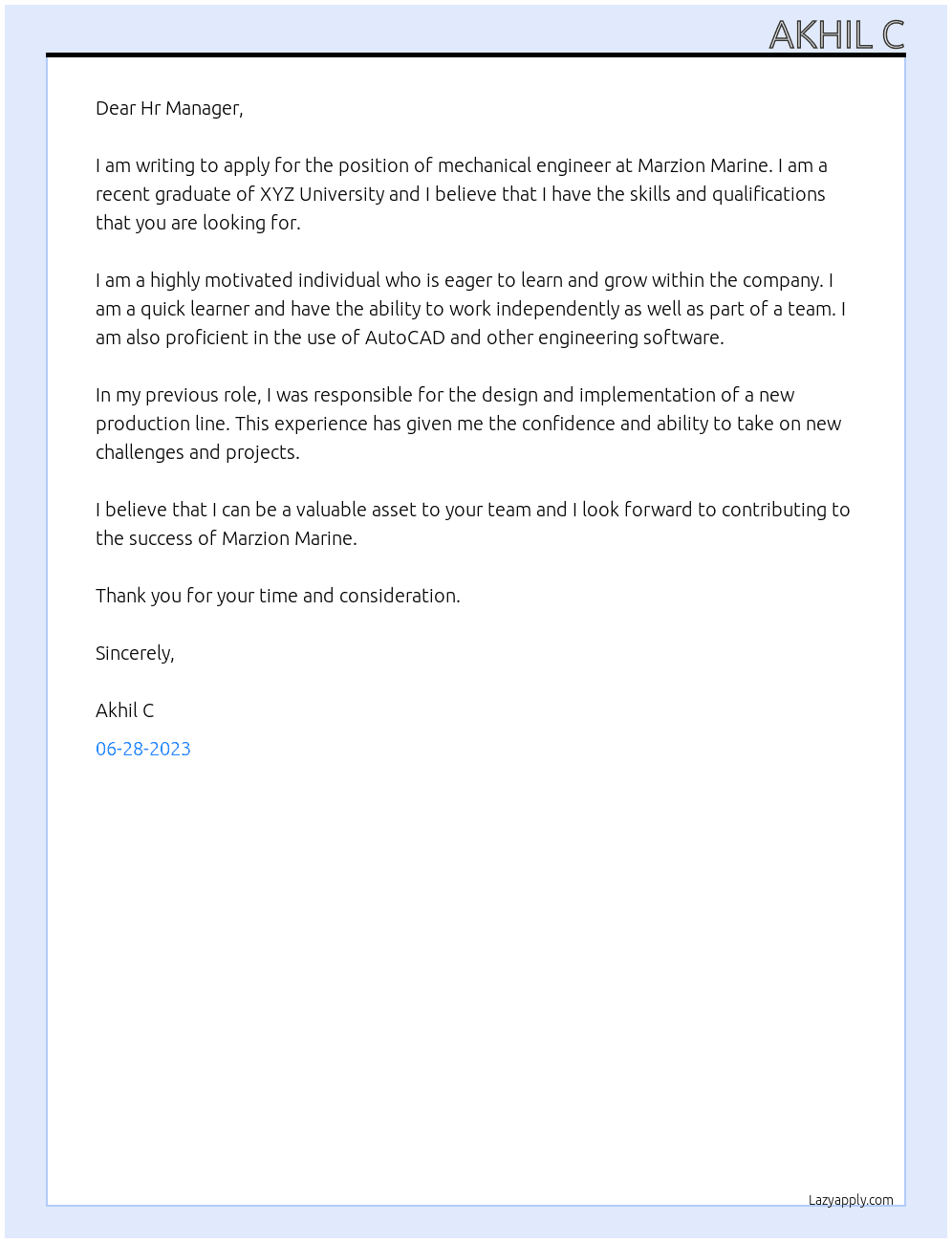 Mechanical engineer At Marzion Marine Cover Letter