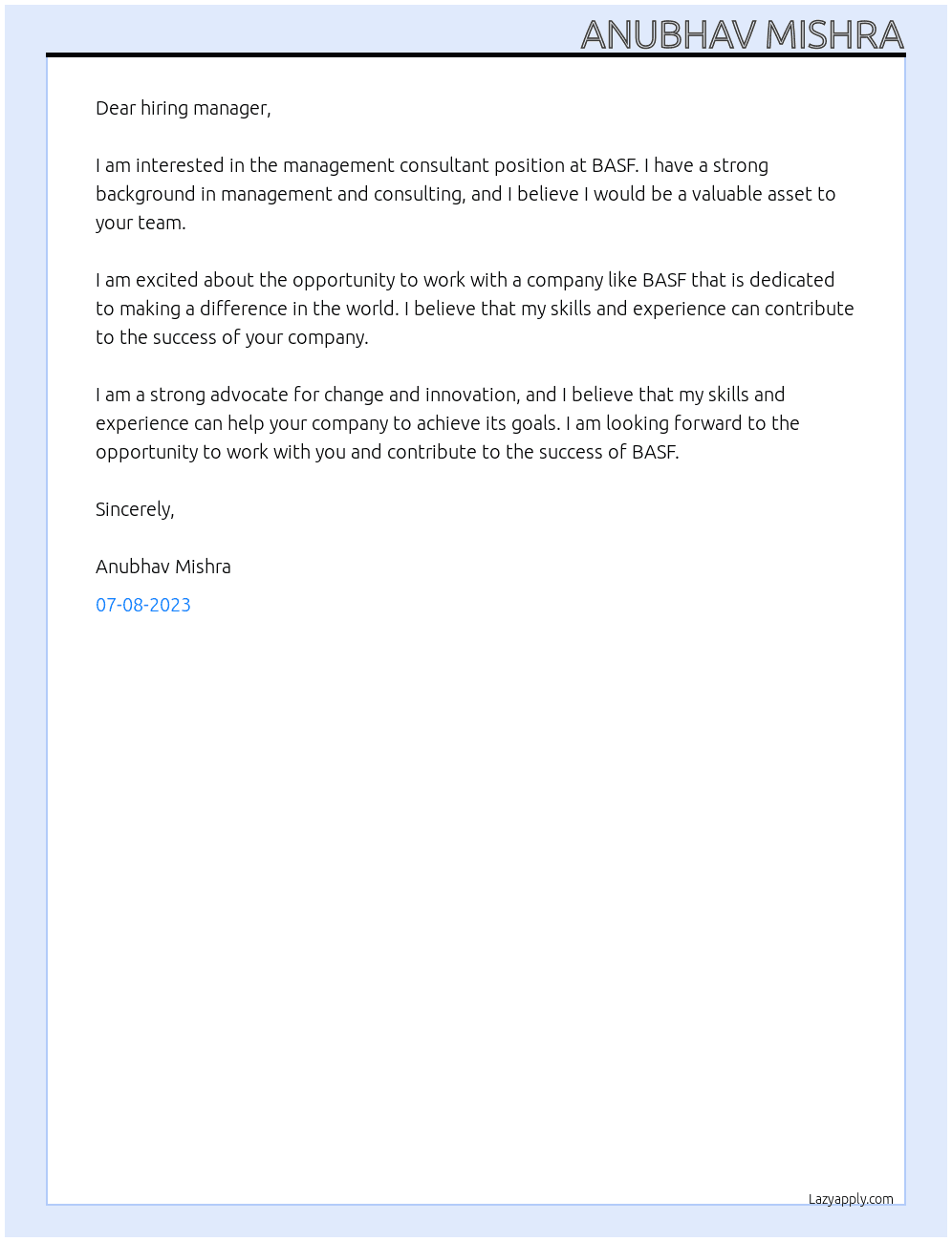 Management Consultant At BASF Cover Letter