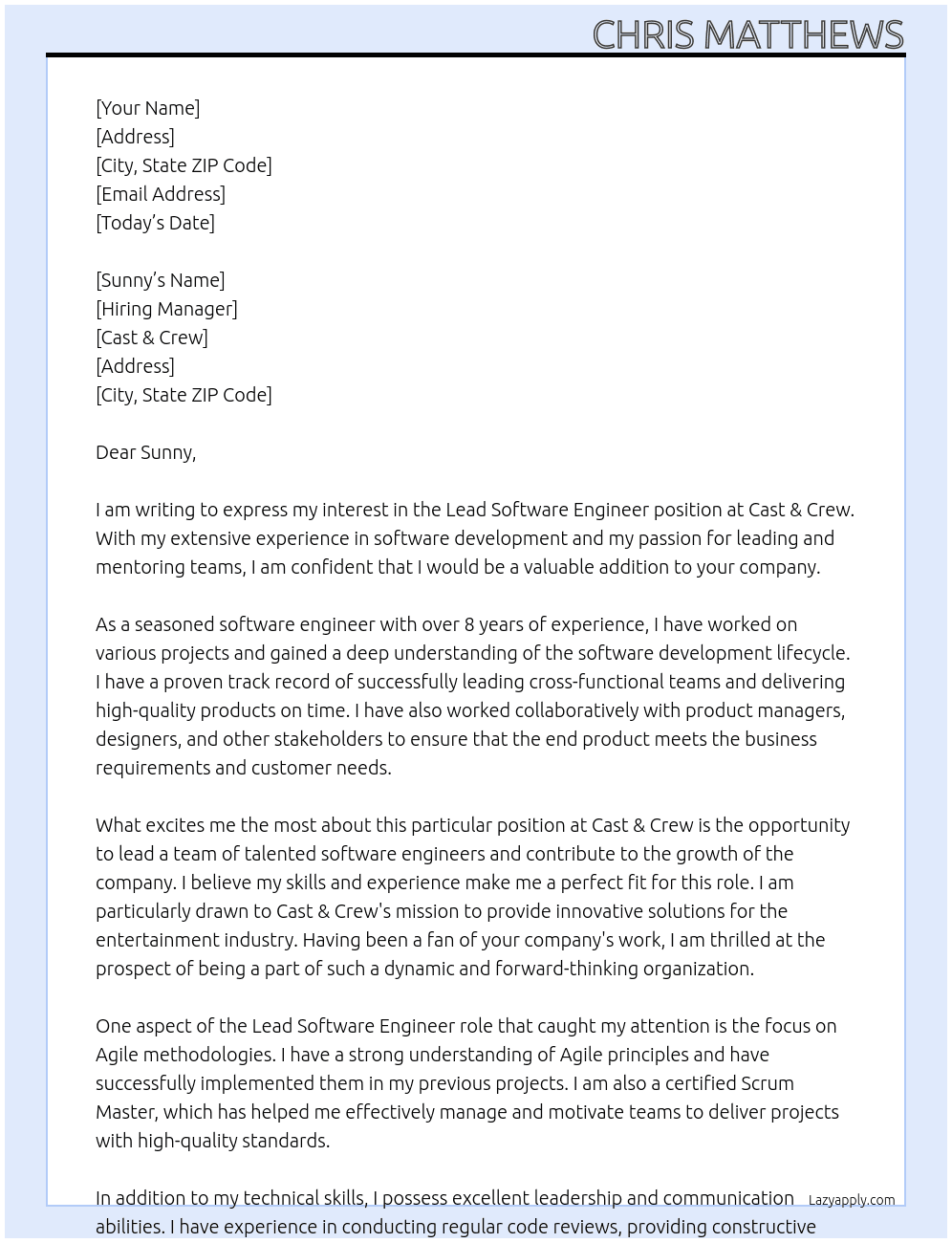 Lead Software Engineer At Cast & Crew Cover Letter