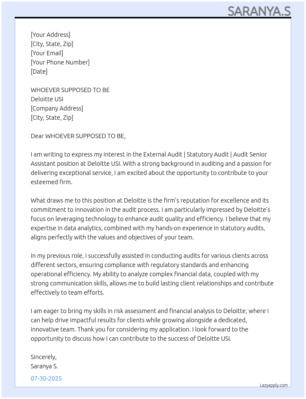 Cover letter for external audit | statutory audit | audit senior assistant - LazyApply