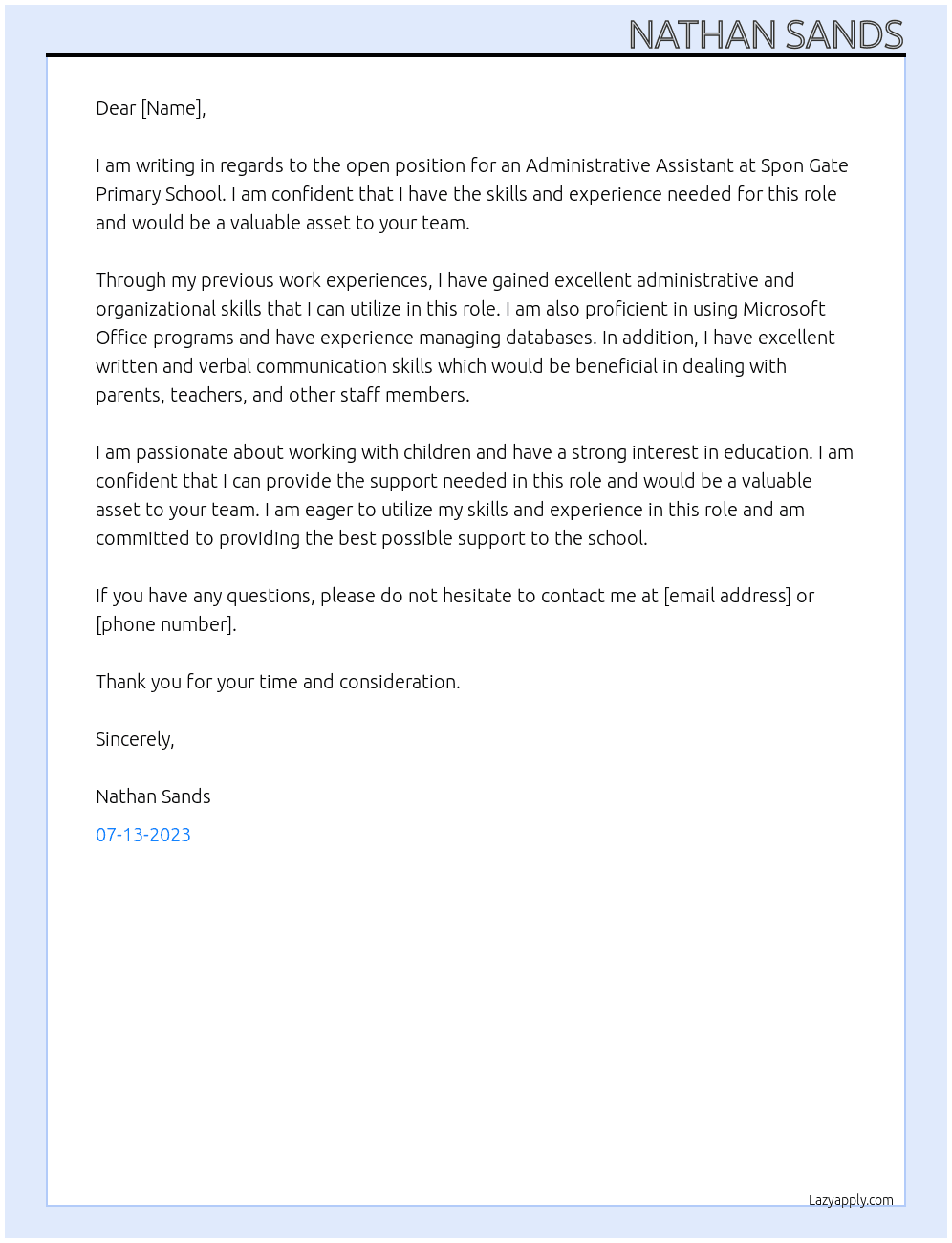 Admin Assistant At Spon Gate Primary School Cover Letter