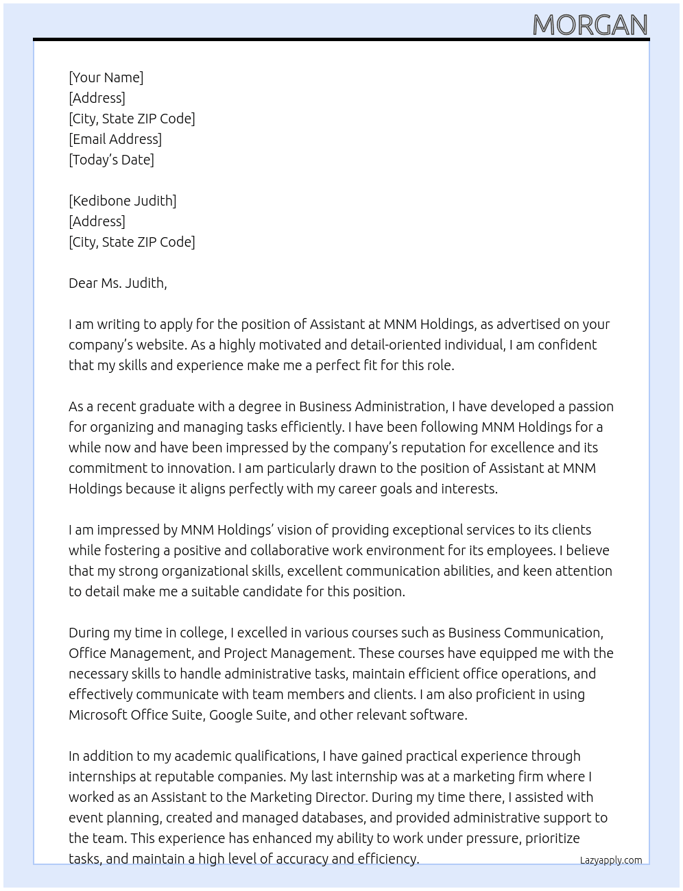 Assistantm At mnm holdings Cover Letter