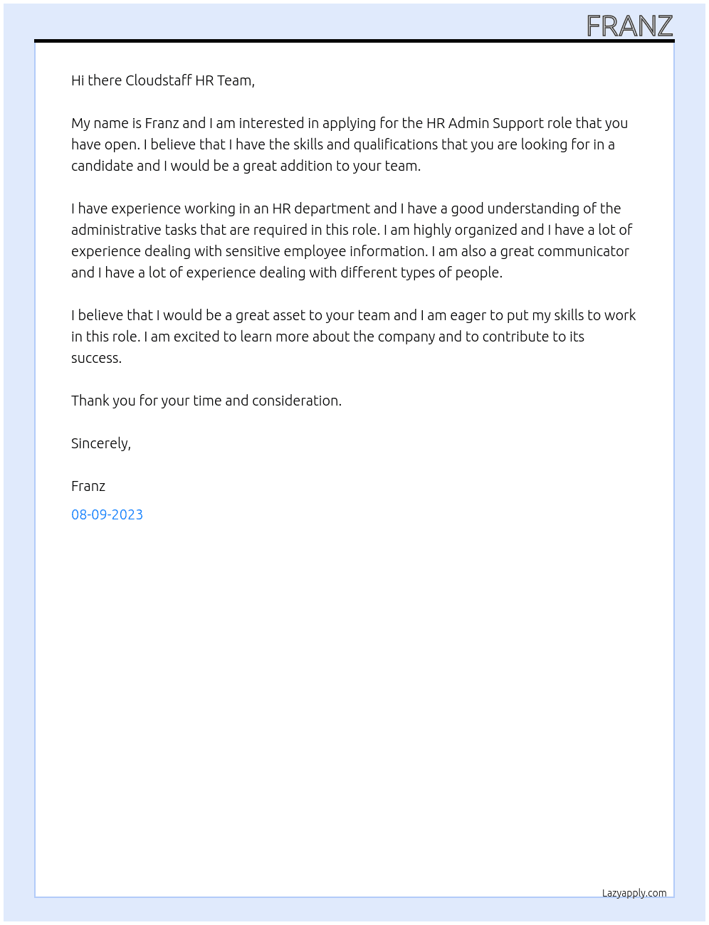 HR Admin Support At Cloudstaff Cover Letter