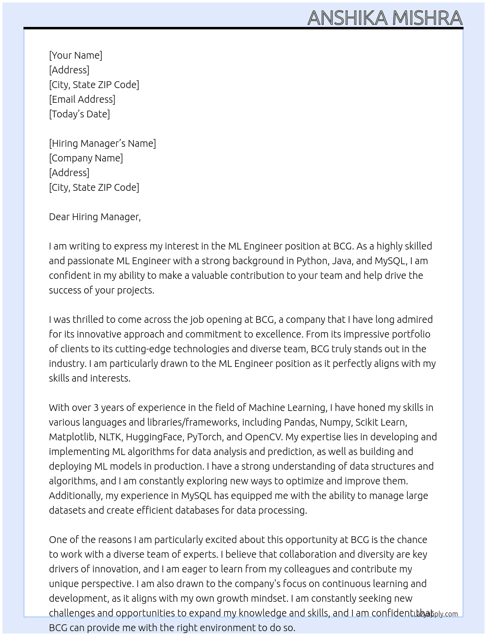 ML Engineer At BCG Cover Letter