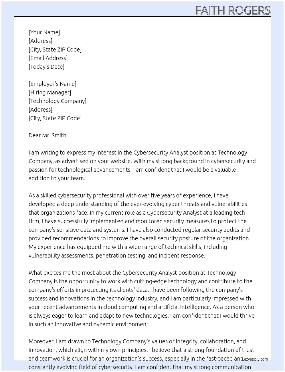 Cybersecurity Analyst  At Technology  Cover Letter