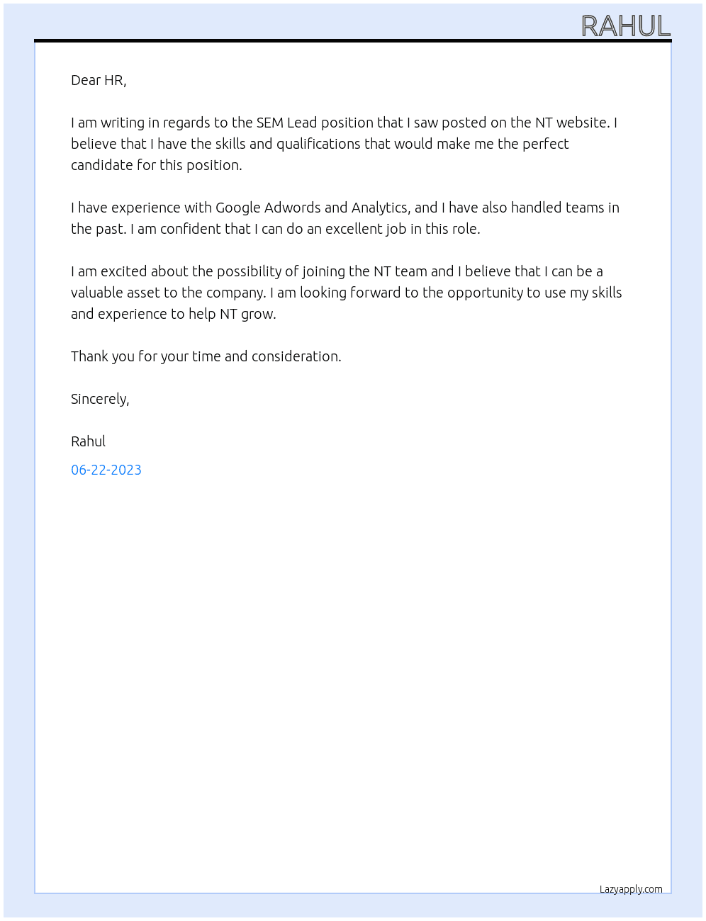 SEM Lead At NT Cover Letter