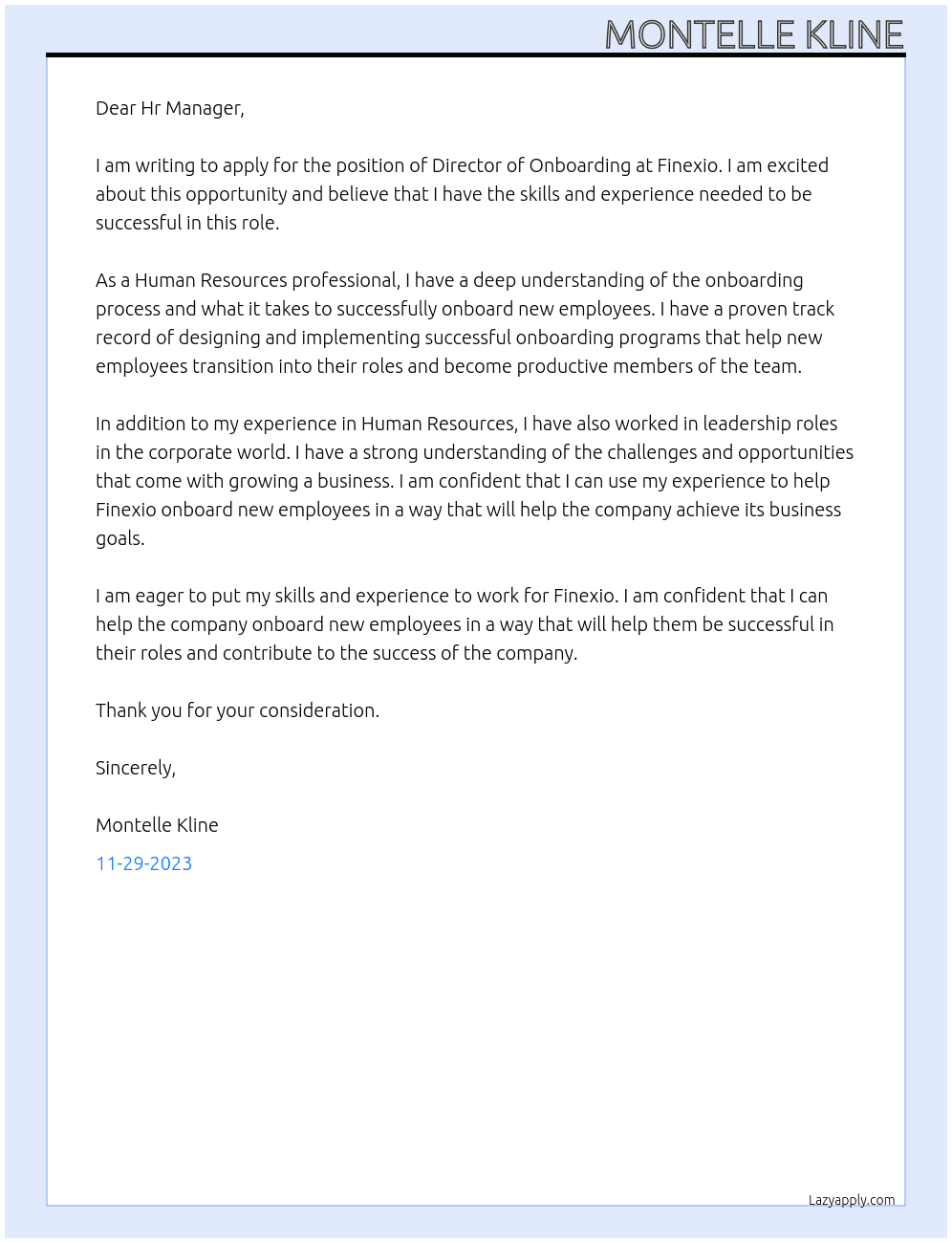 Director of onboarding  At Finexio  Cover Letter