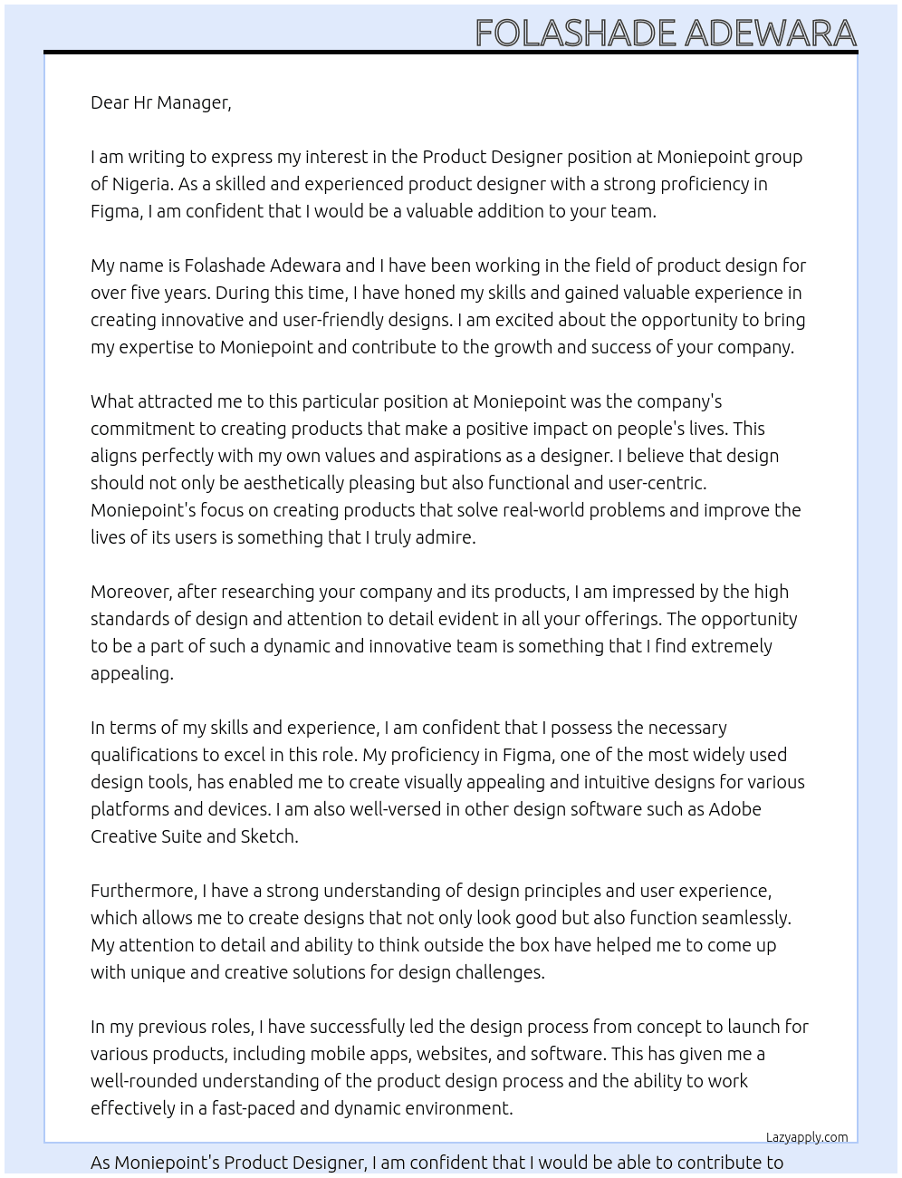 Product designer At Moniepoint group of Nigeria Cover Letter
