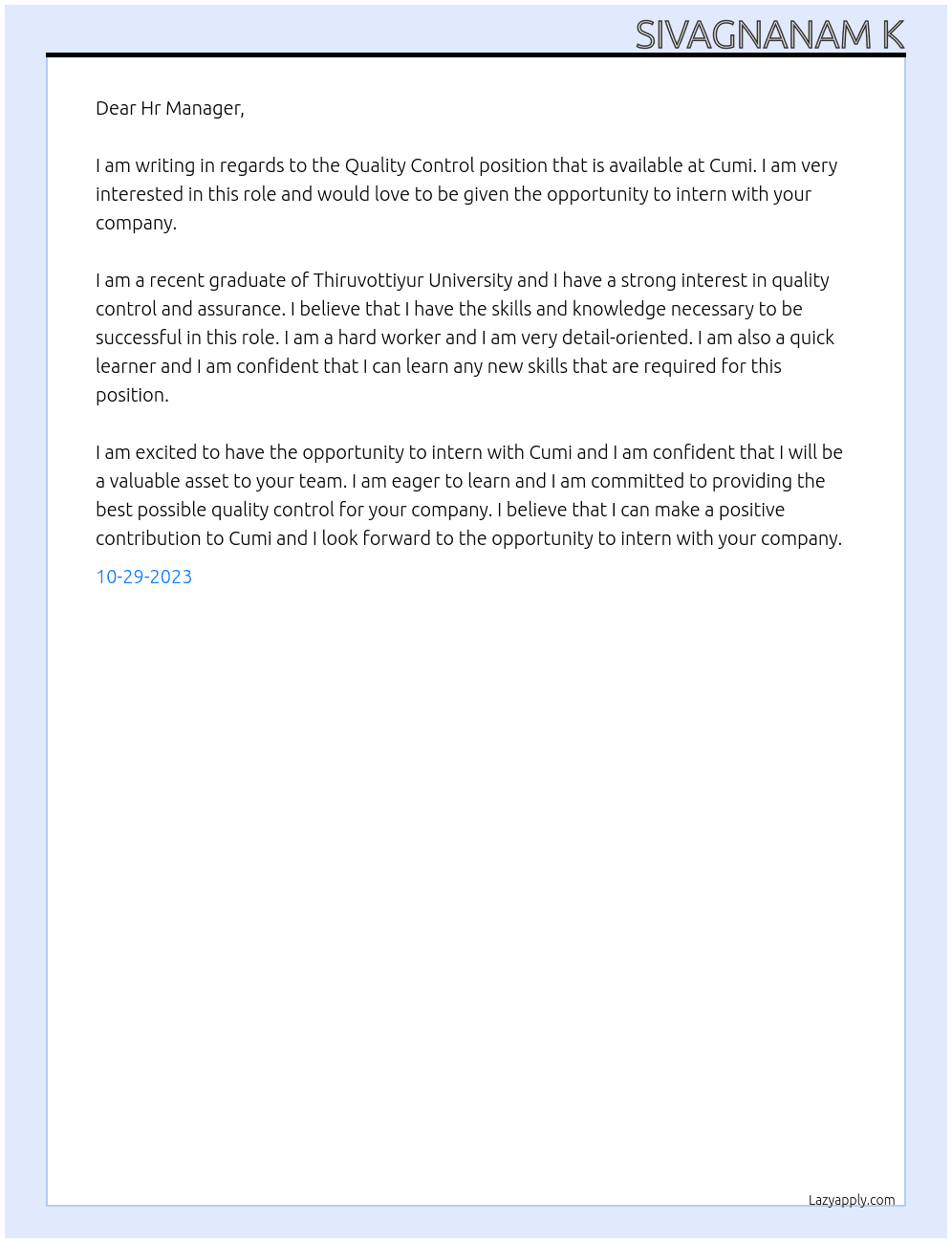 Quality control  At Cumi Cover Letter