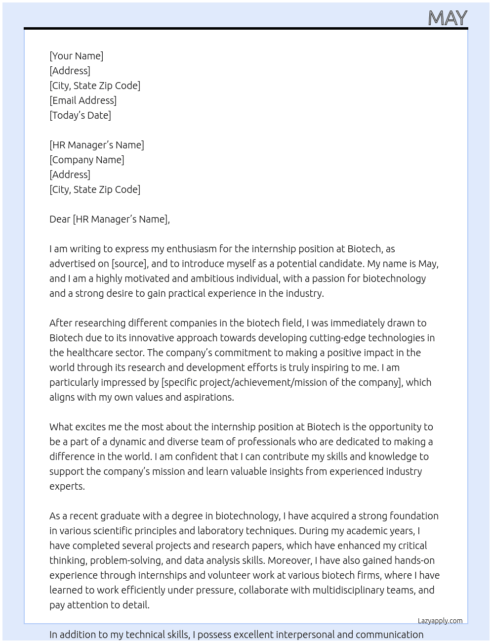 internship At biotech Cover Letter