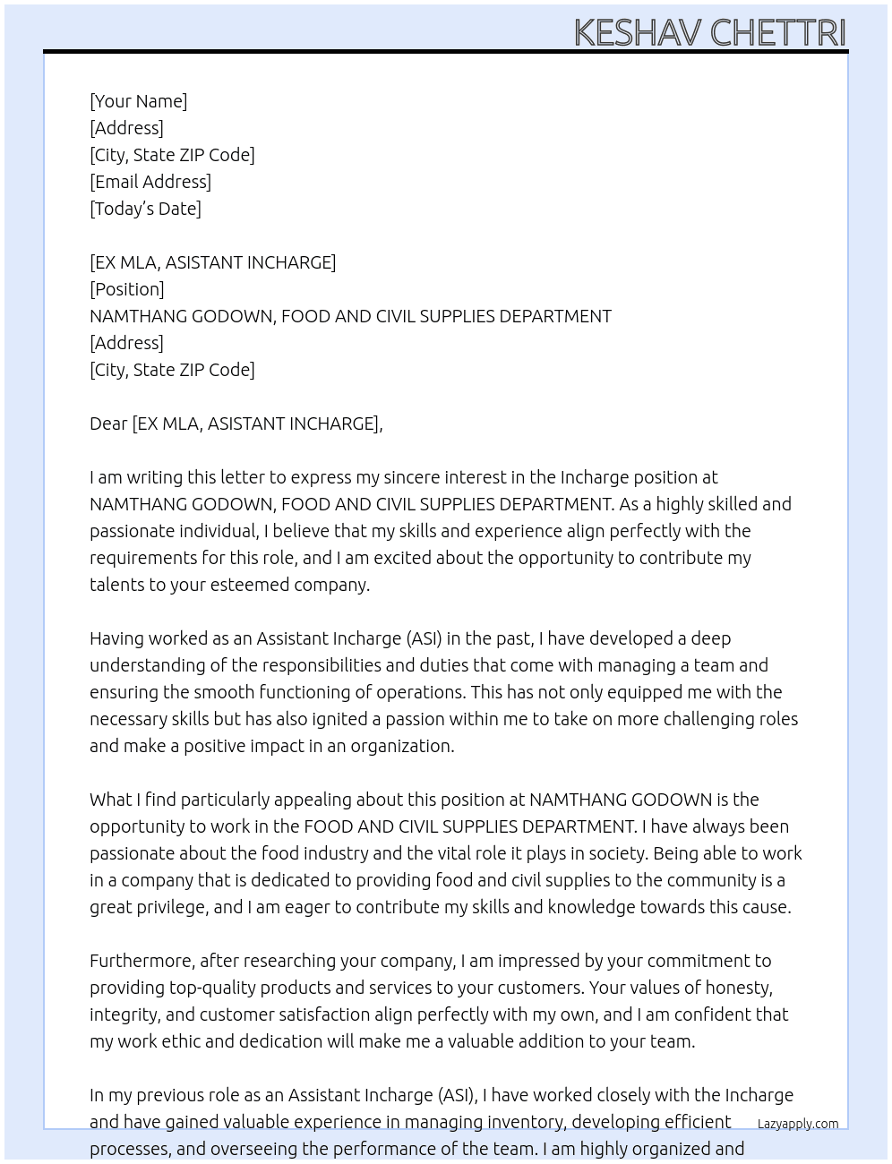 Incharge  At NAMTHANG GODOWN,FOOD AND CIVIL SUPPLIES DEPARTMENT Cover Letter