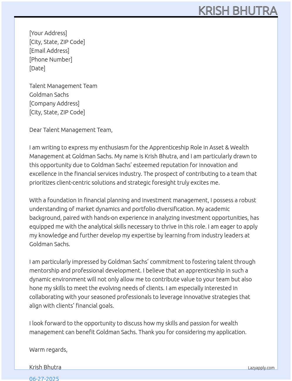 Cover letter for asset & wealth management - LazyApply