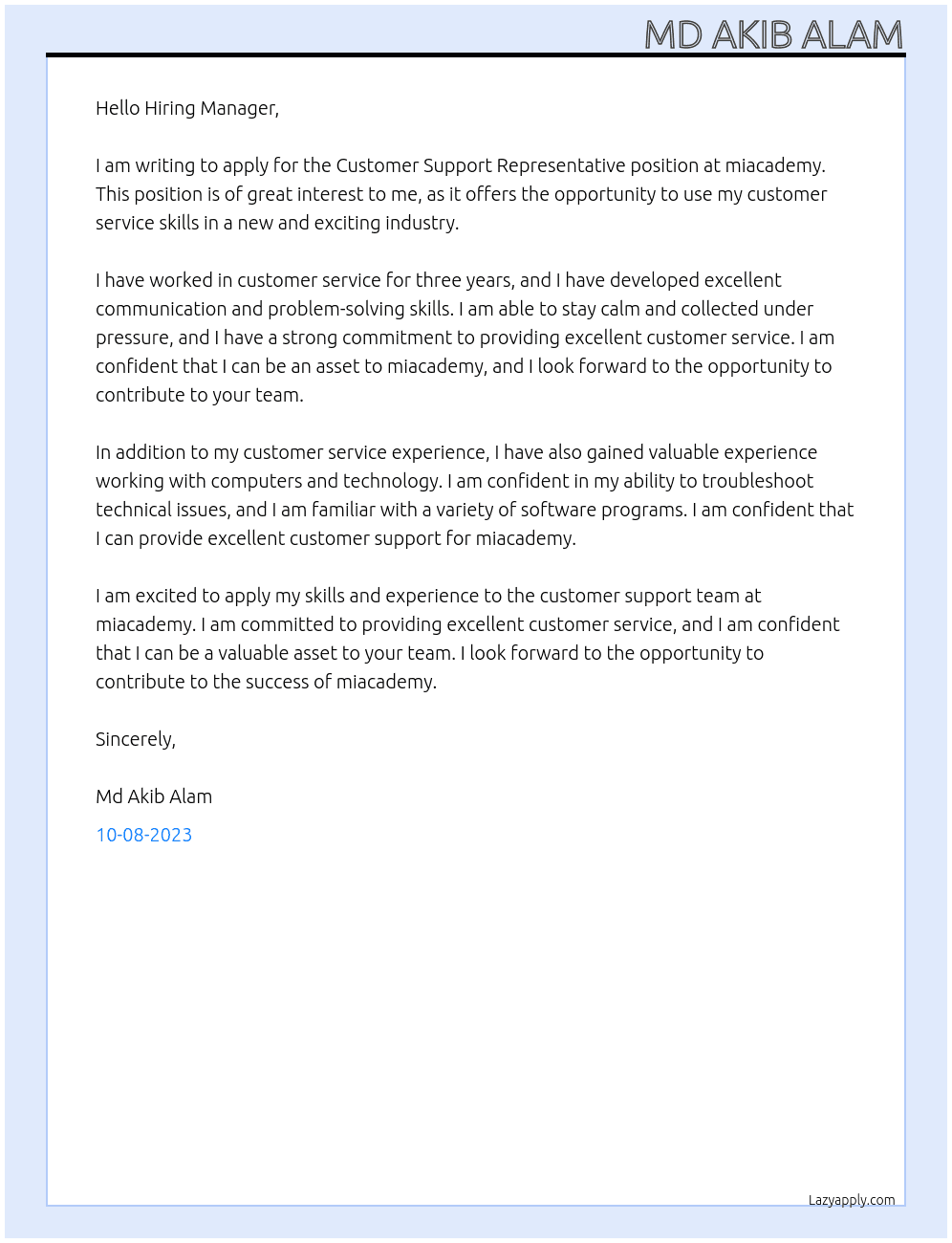 Customer Support Representative At miacademy Cover Letter