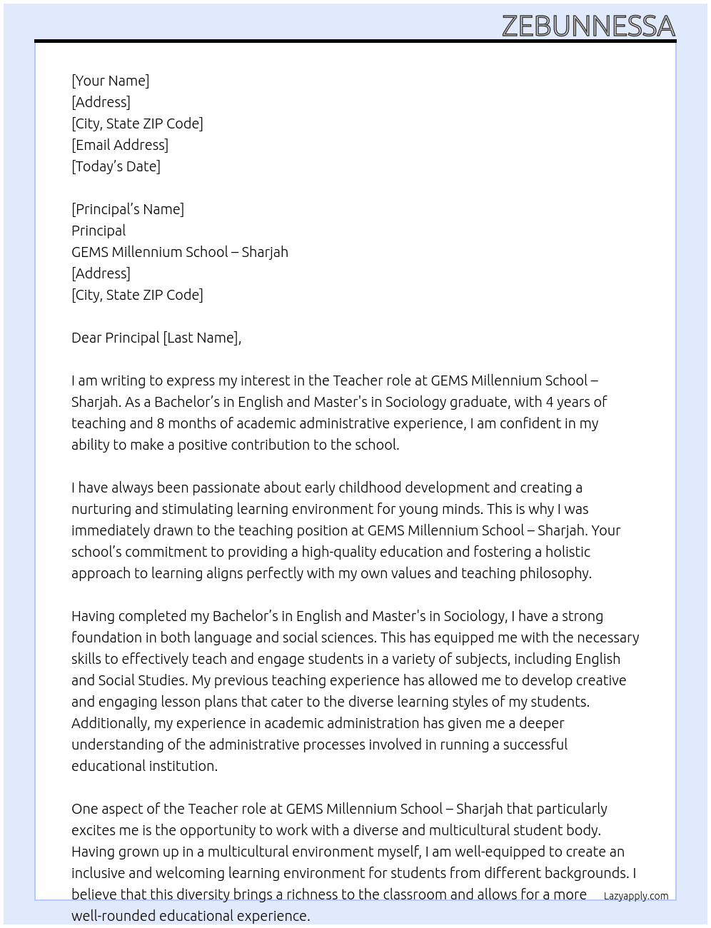 Teacher At GEMS Millennium School - Sharjah Cover Letter