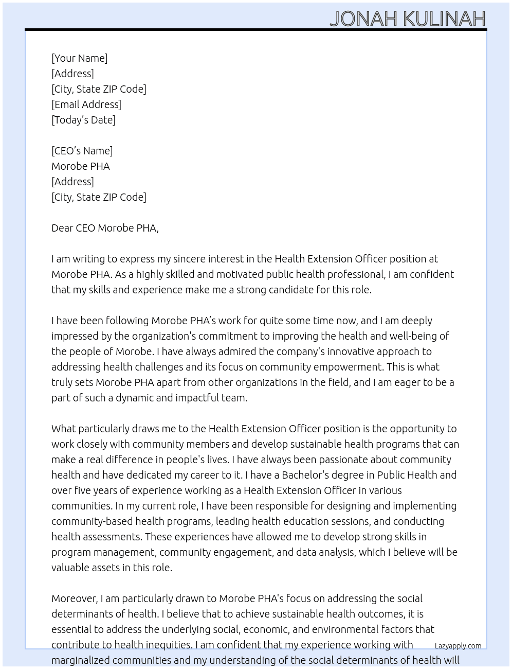 Health Extension Officer At Morobe PHA Cover Letter