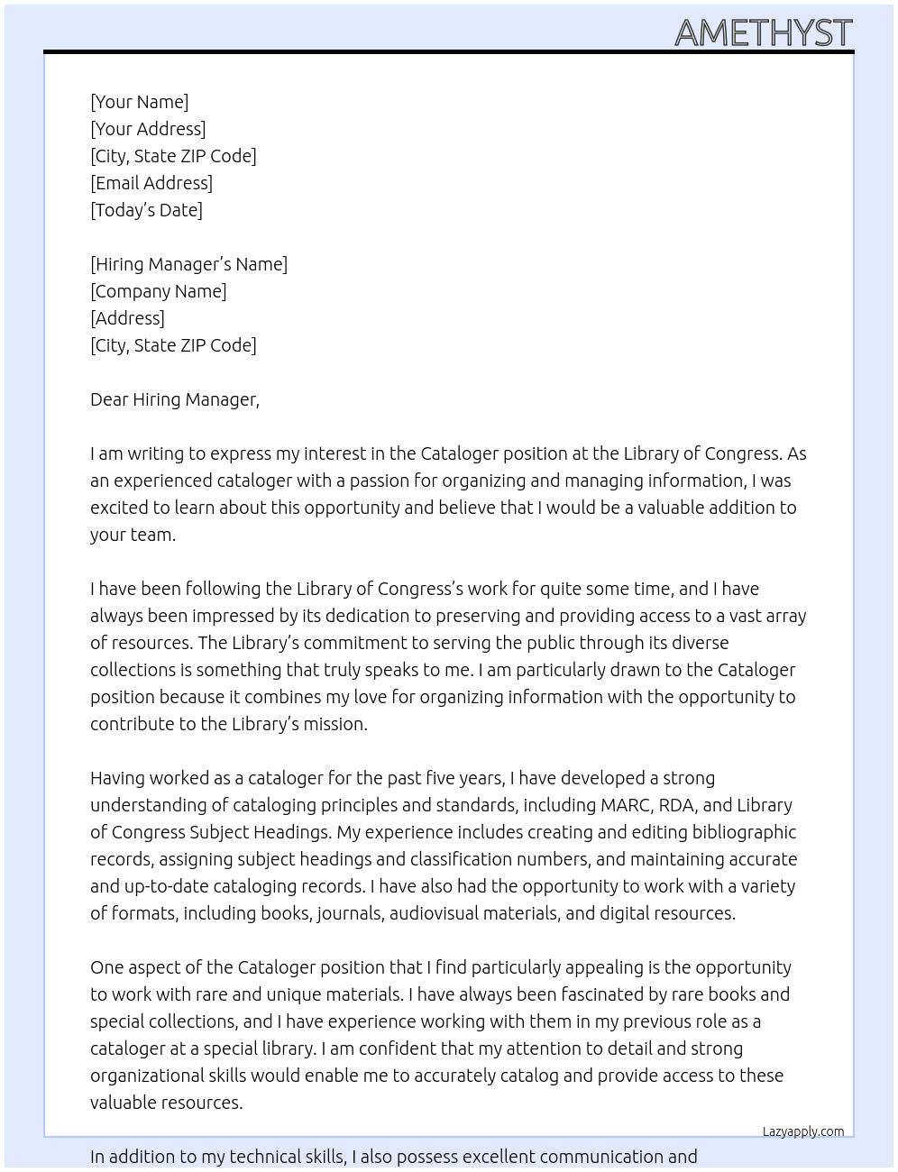 Cataloger At Library of Congress Cover Letter