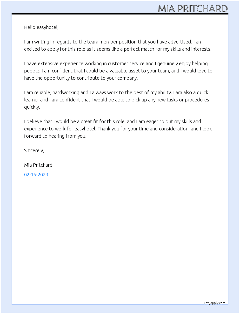team member At easyhotel Cover Letter