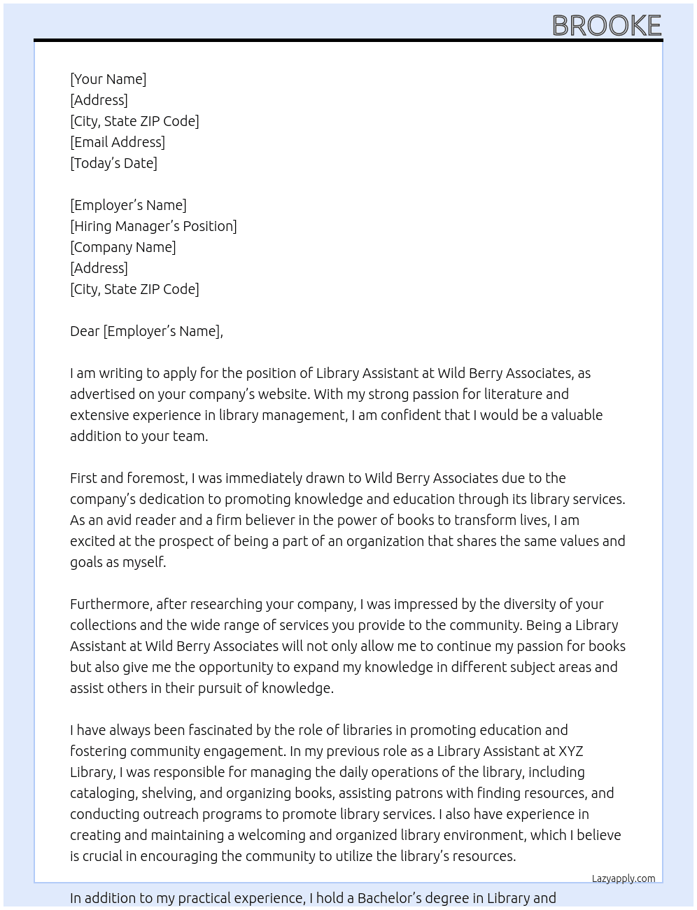 Library Assistant At Wild Berry Associates Cover Letter
