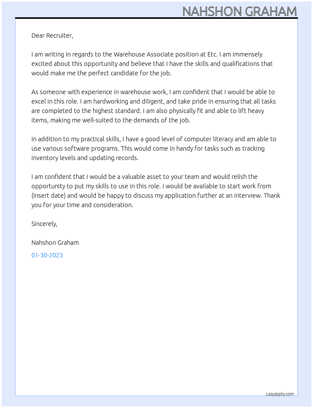Warehouse Associate At Etc. Cover Letter