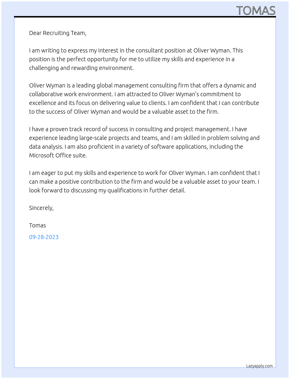 consultant  At oliver wyman Cover Letter