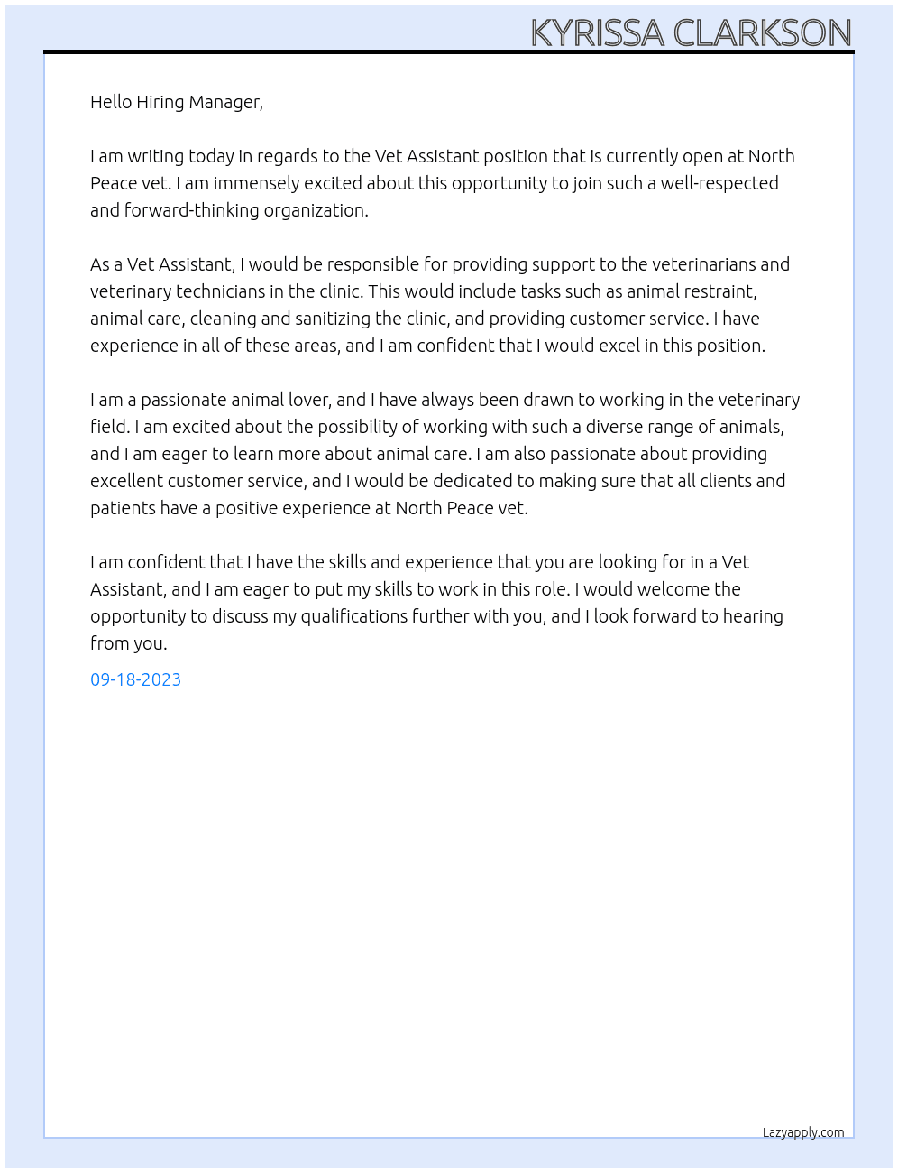 vet assistant At North Peace vet Cover Letter