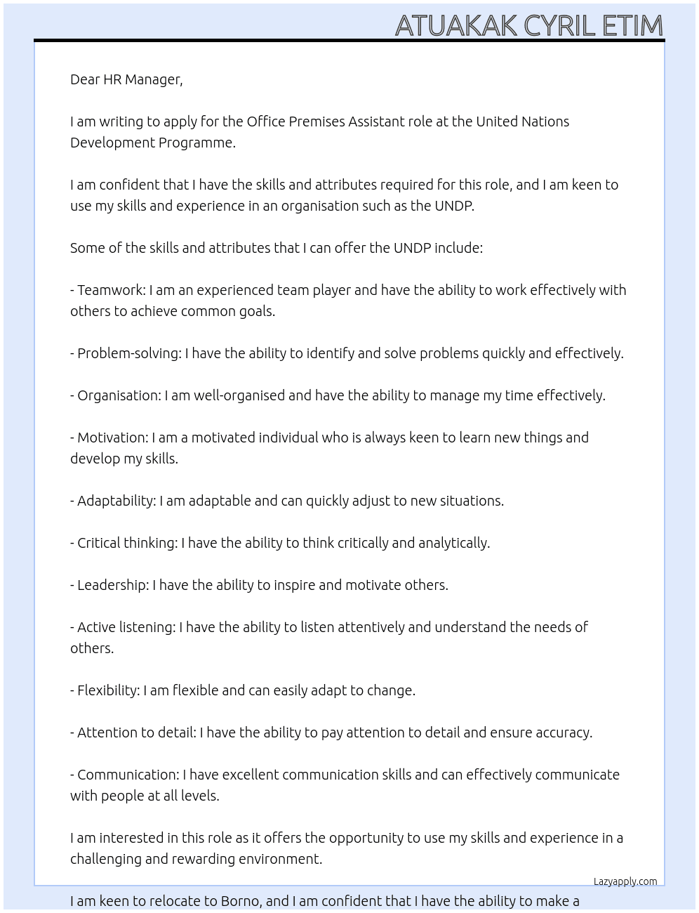 Office Premises Assistant At United Nations Development Programme Cover Letter