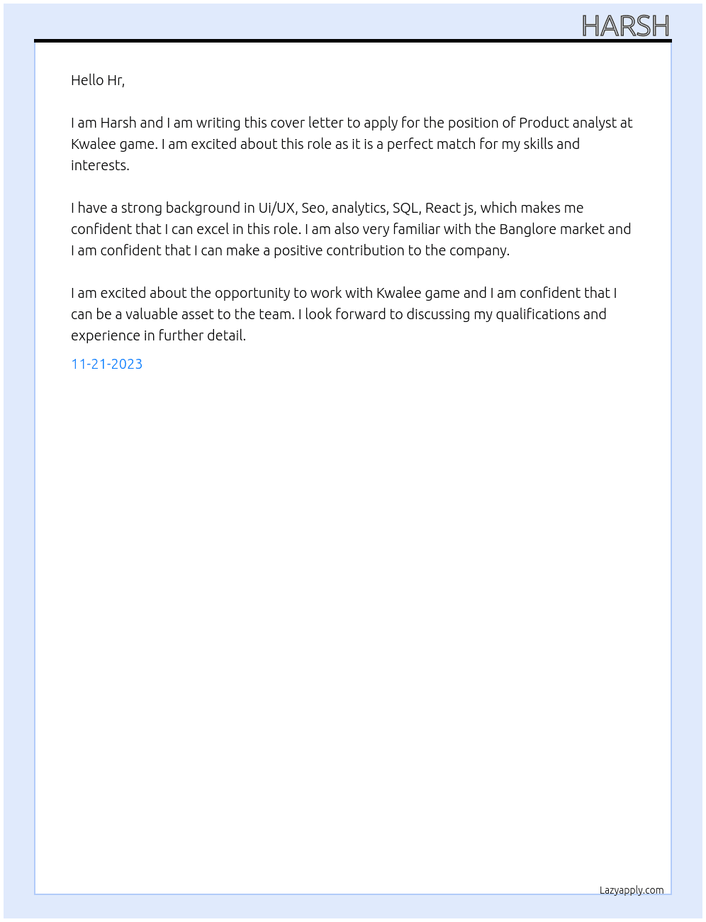Product analyst  At Kwalee game Cover Letter