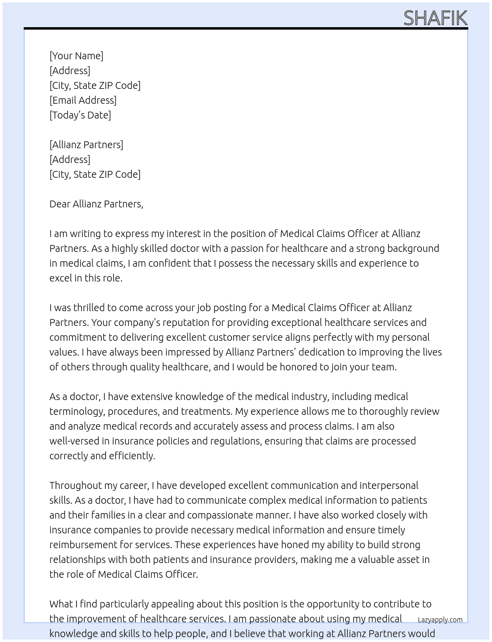 Medical claims officer  At Allianz partners  Cover Letter
