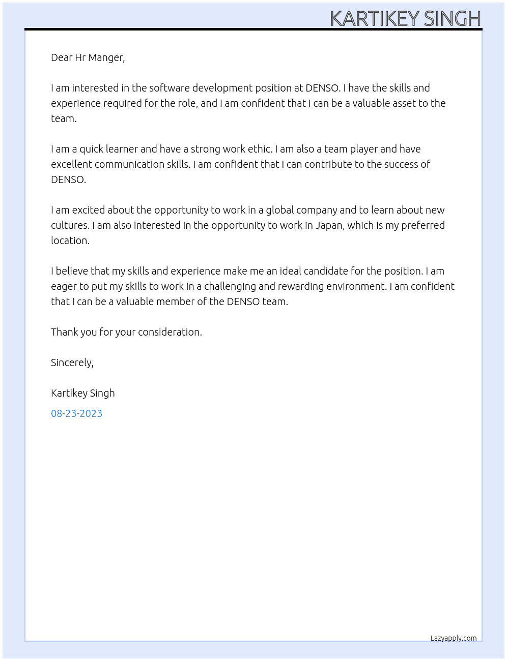 software development  At DENSO Cover Letter