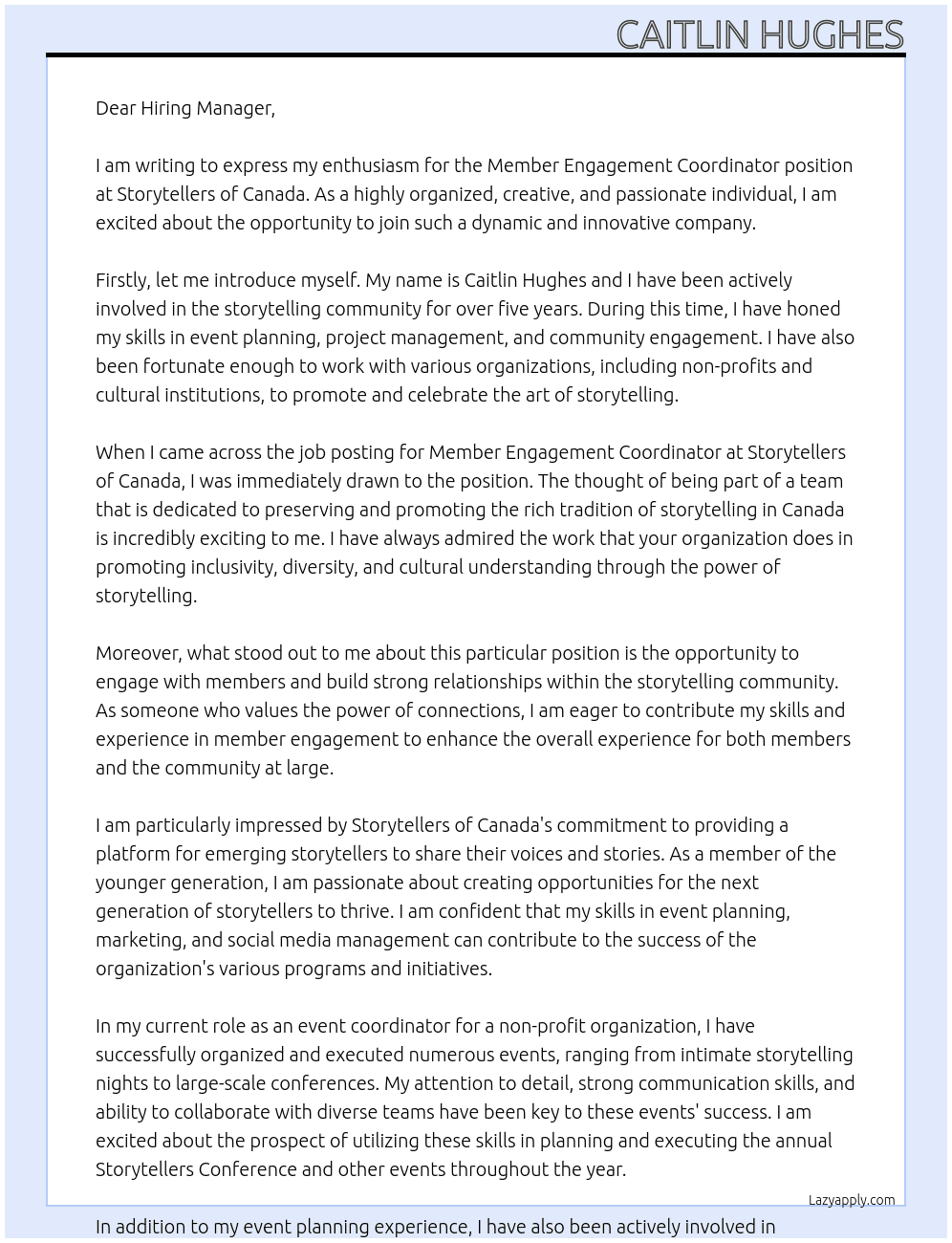 Member Engagement Coordinator At Storytellers of Canada  Cover Letter