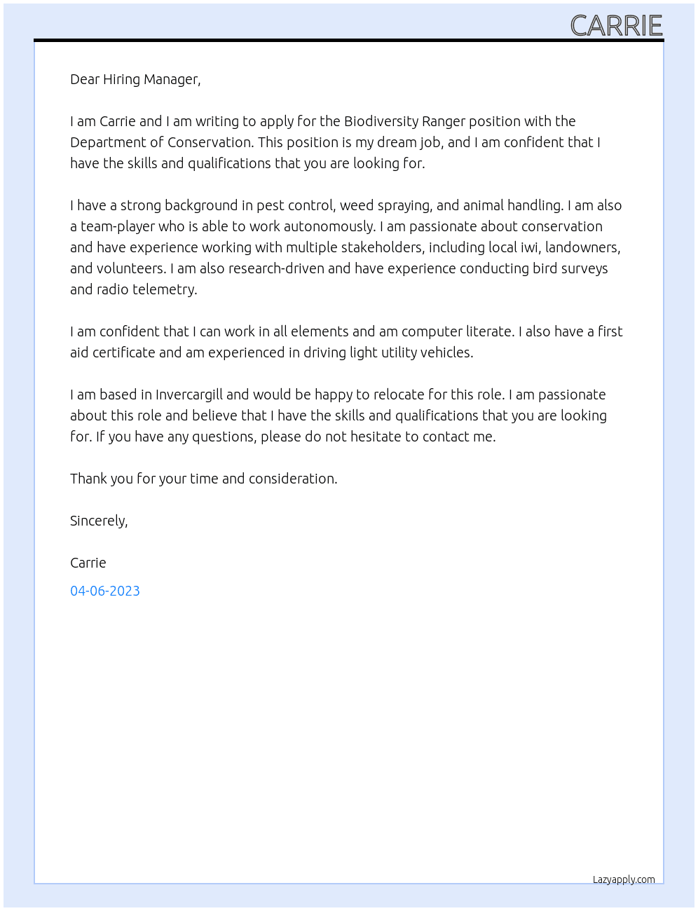 Biodiversity Ranger At Department of Conservation Cover Letter