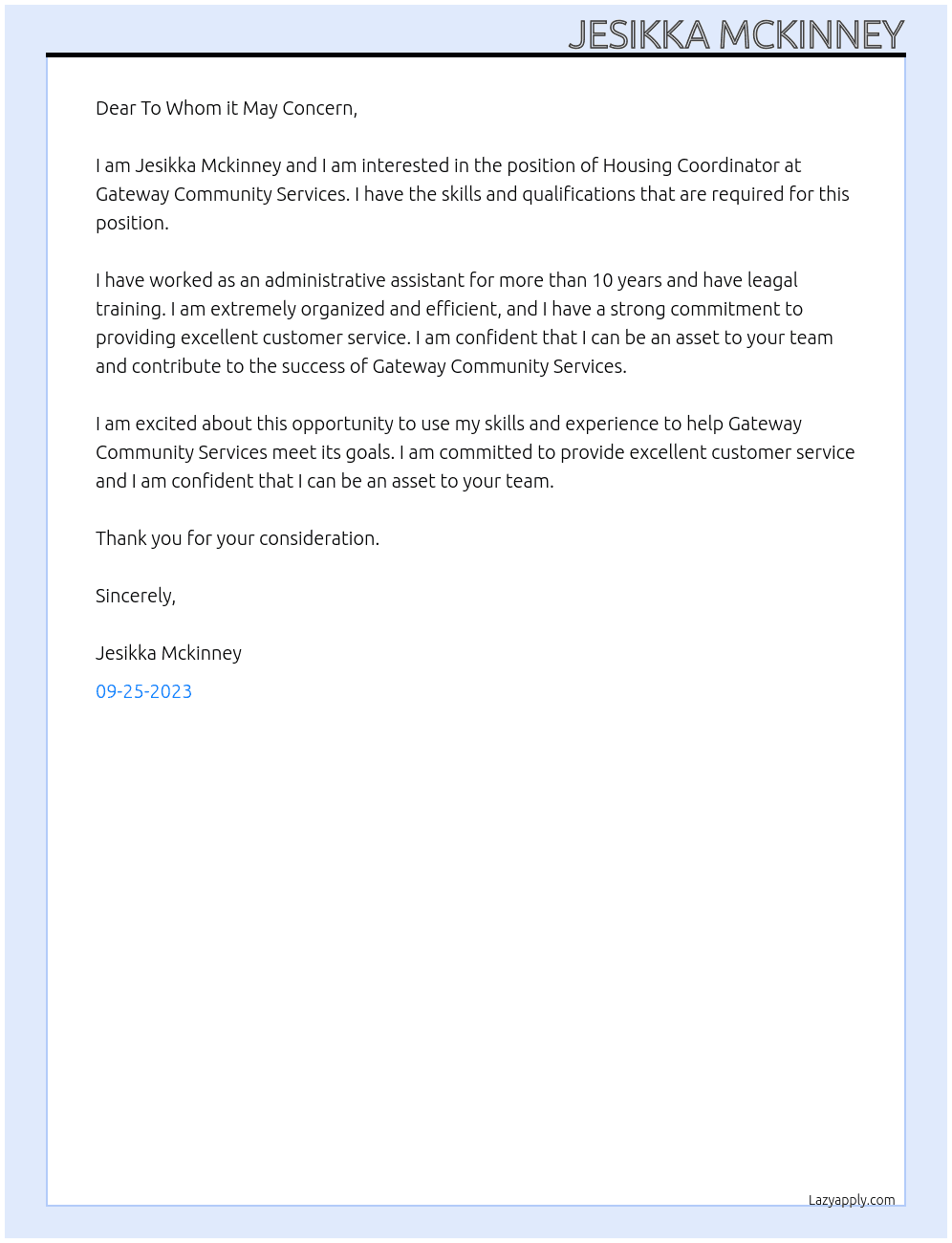 Housing Coordinator At Gateway Community Services Cover Letter