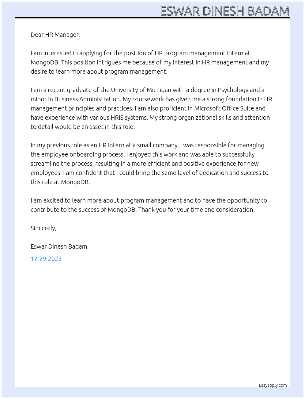 HR program management intern  At MongoDB Cover Letter