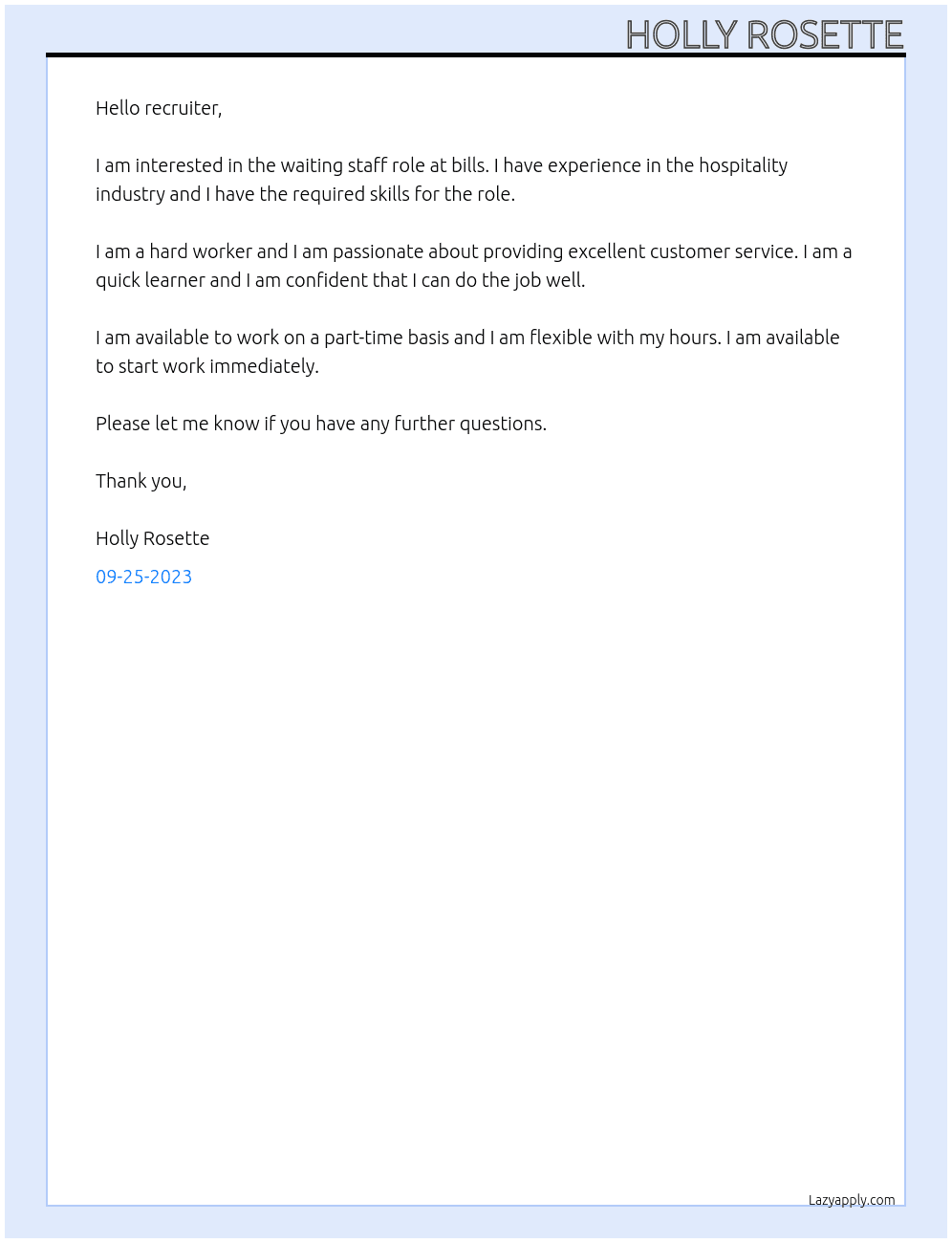 waiting staff At bills Cover Letter