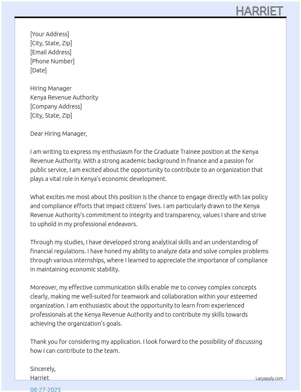 Graduate trainee At Kenya revenue authority Cover Letter