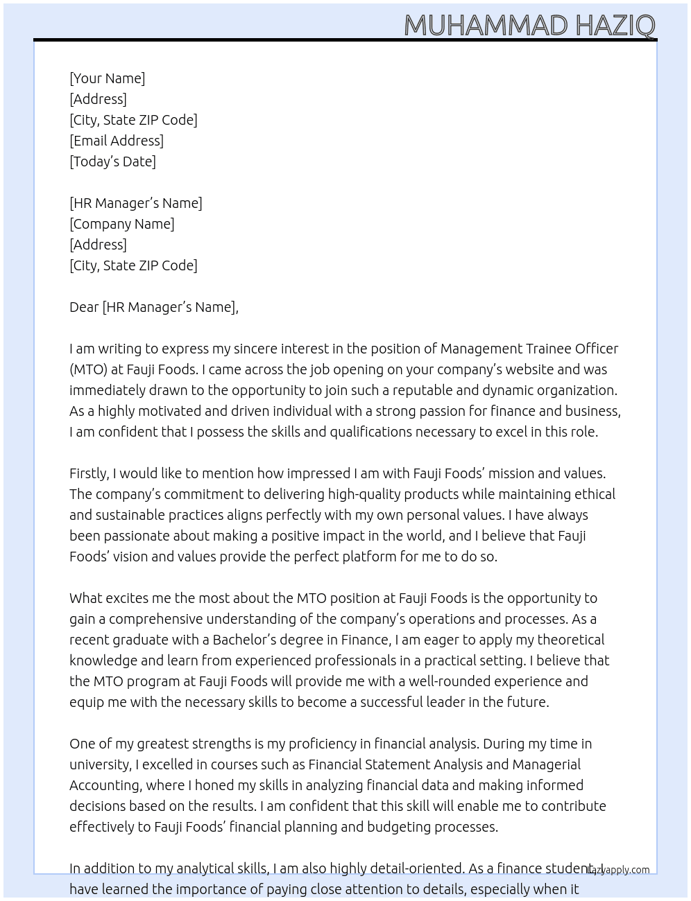 MTO At Fauji Foods Cover Letter