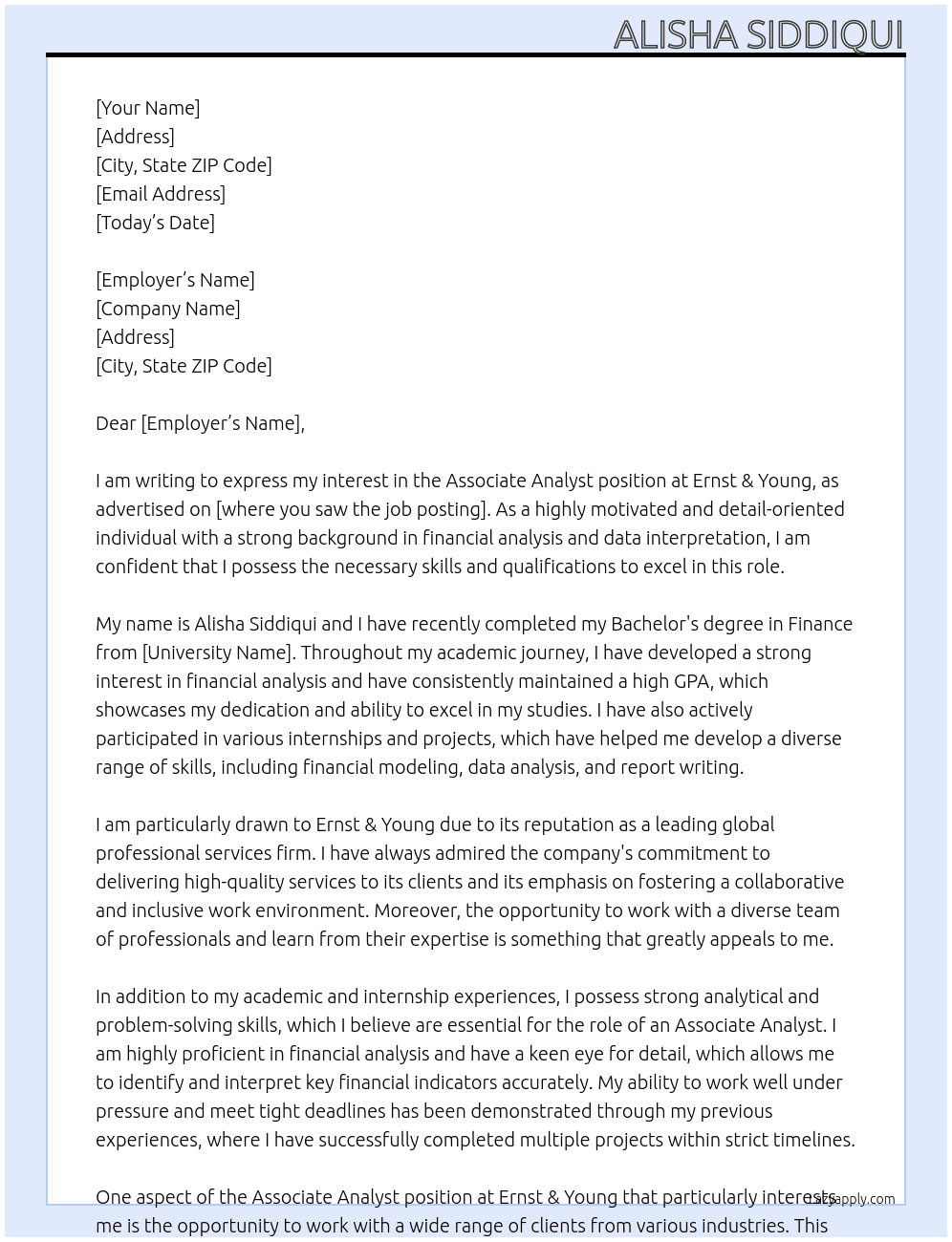 assosciate analyst At Ernst & Young Cover Letter