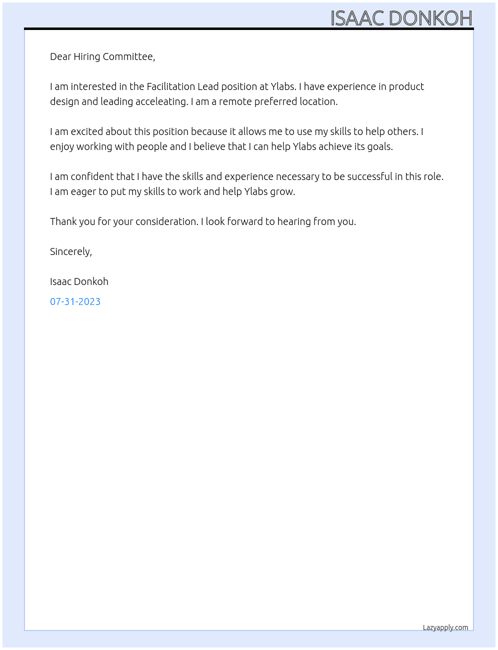 Facilitation lead At Ylabs Cover Letter