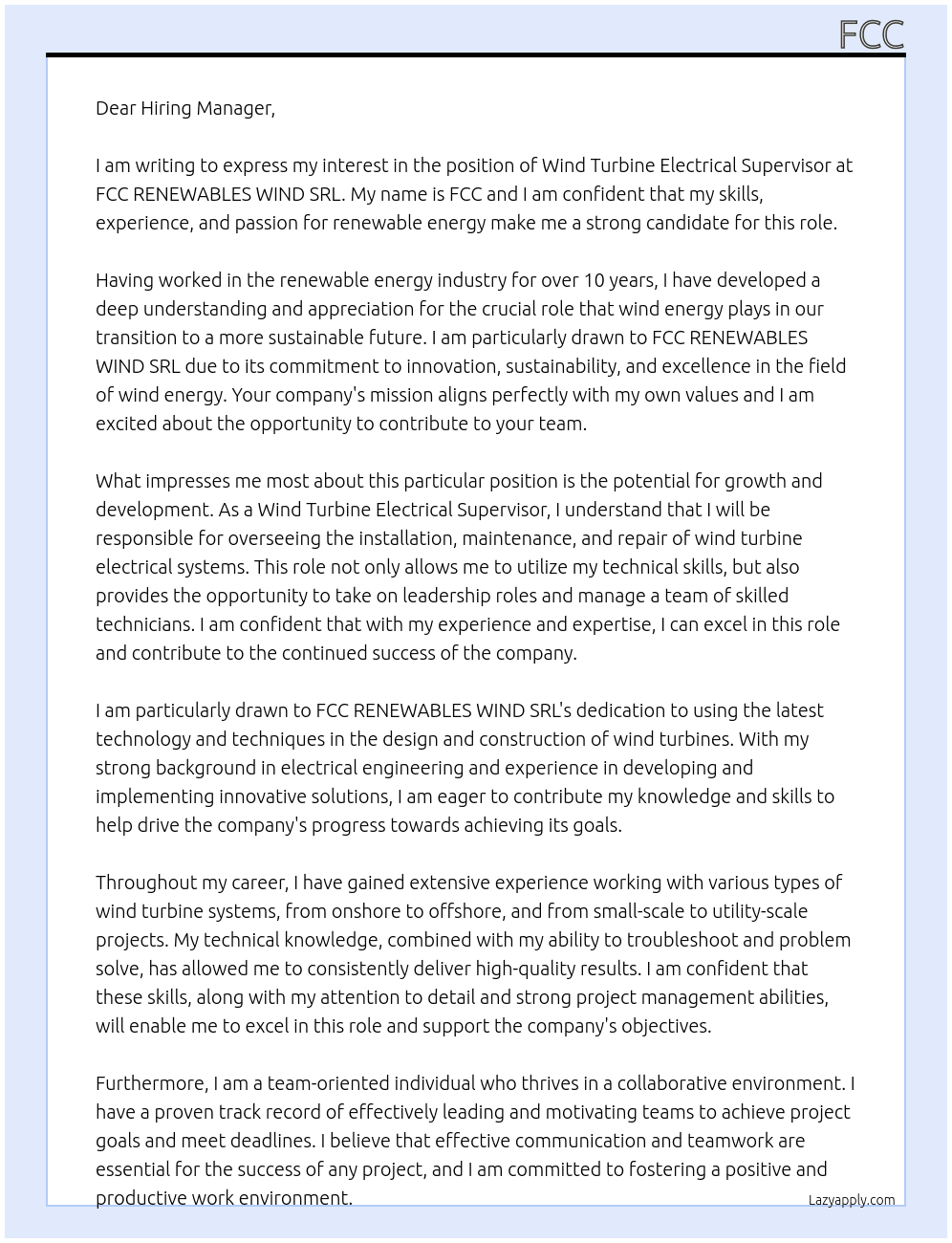Wind Turbine Electrical Supervisor At FCC RENEWABLES WIND SRL Cover Letter