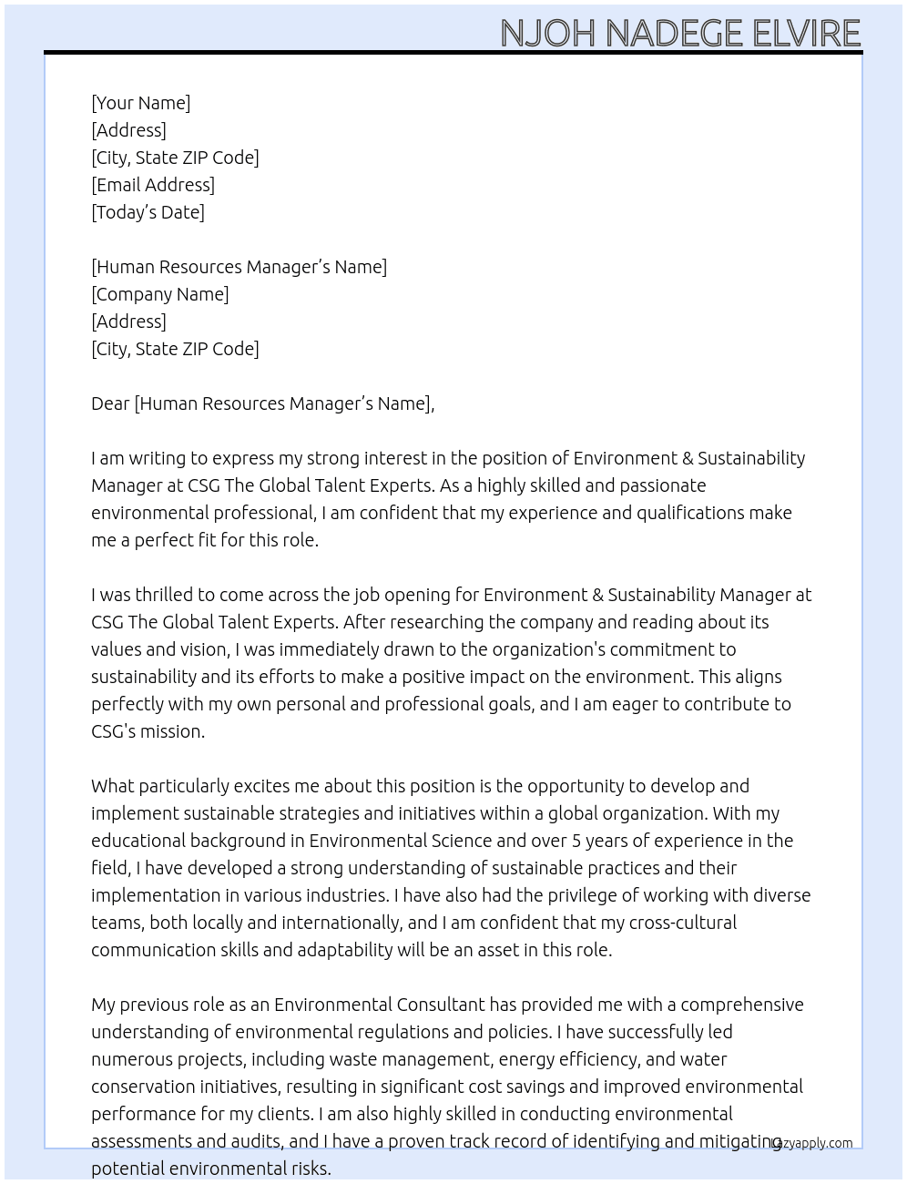 Environment & Sustainability Manager At CSG The Global Talent Experts Cover Letter