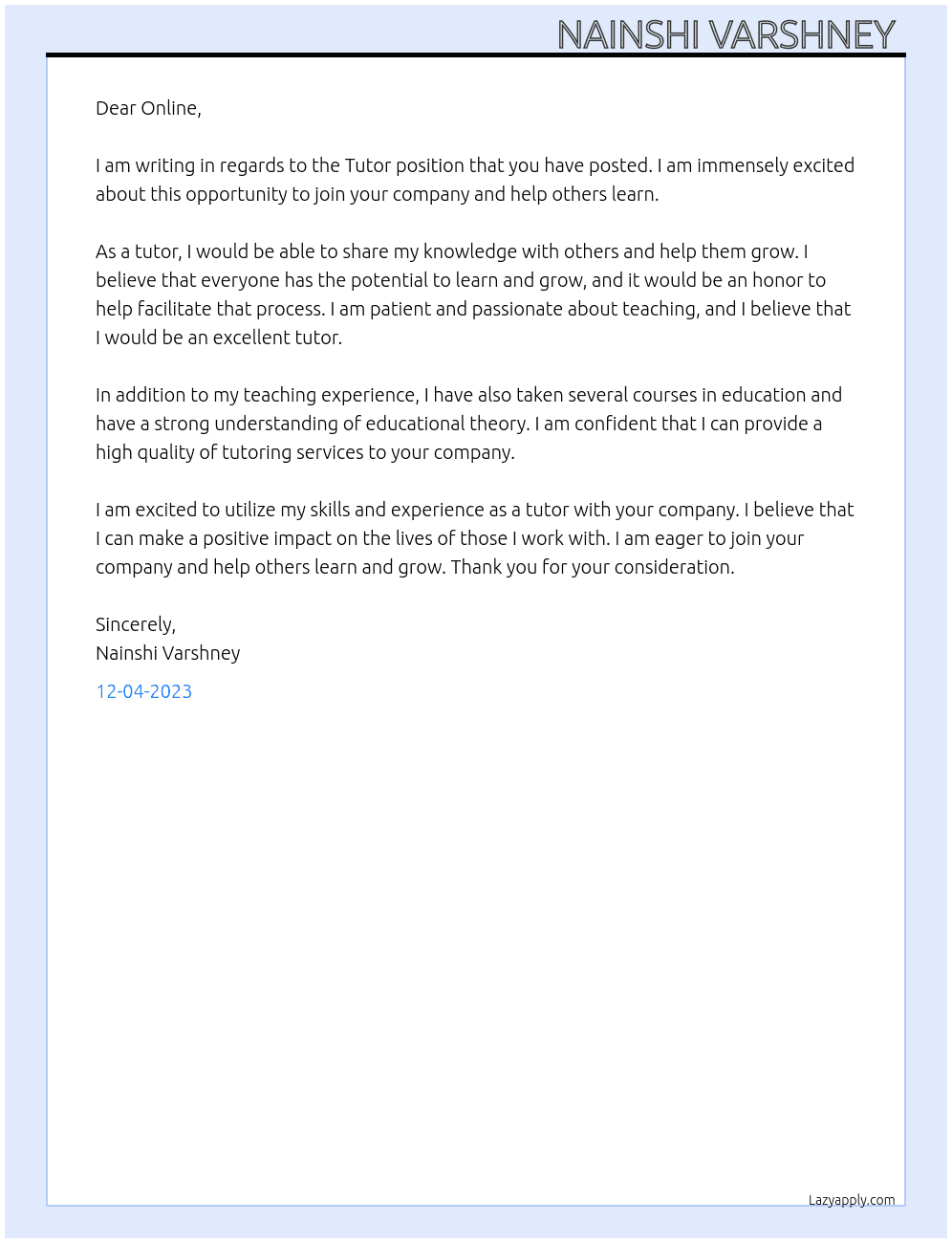 Tutor  At Online Cover Letter
